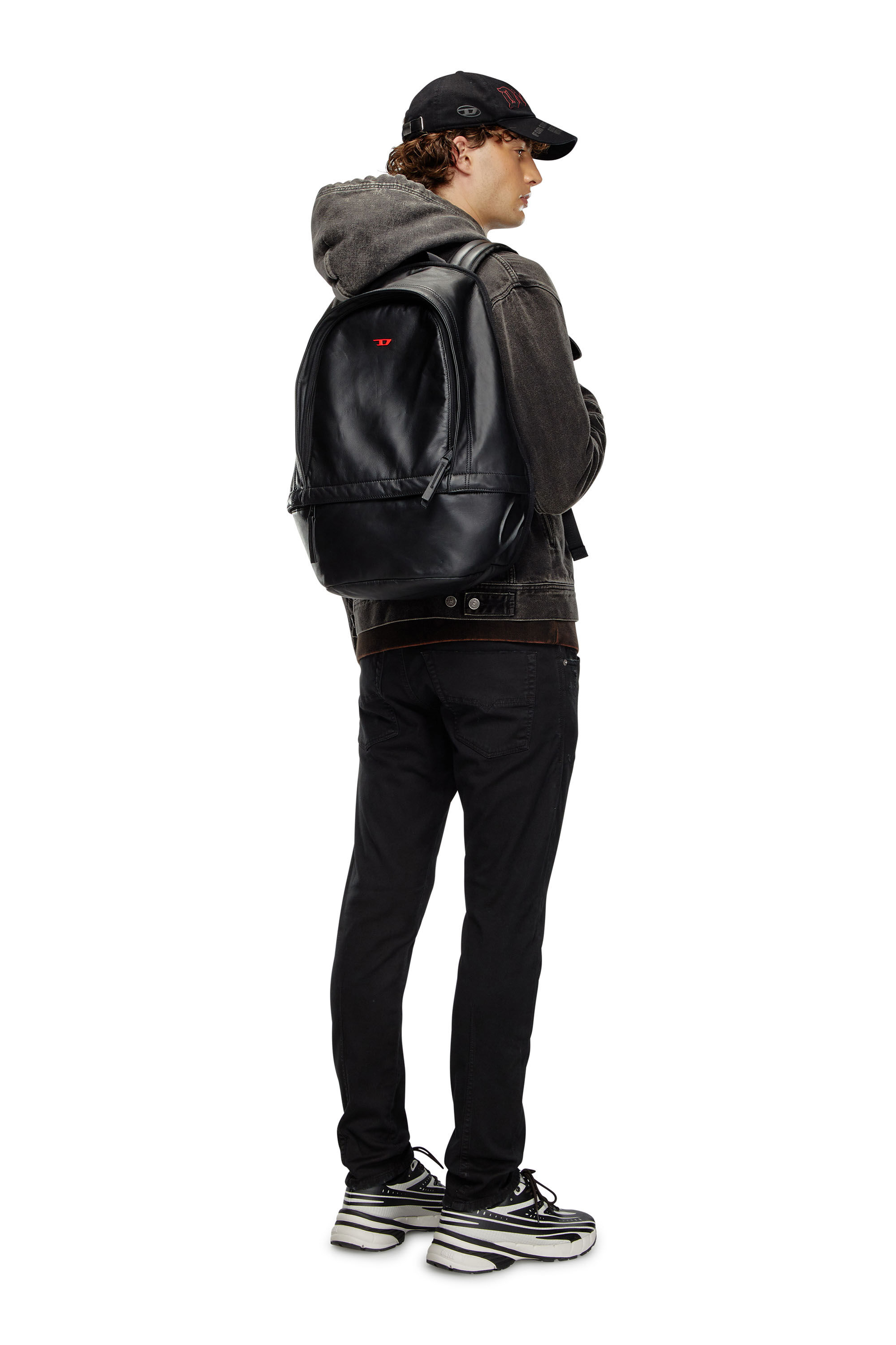 Men s Rave Leather backpack with metal D Black Diesel