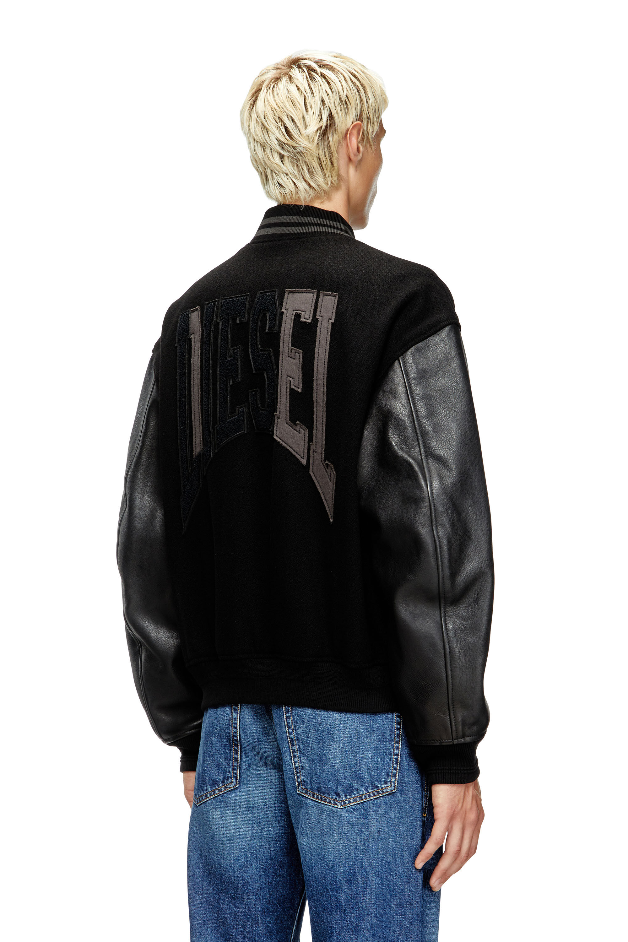 Diesel - L-NYMAN, Chaqueta bomber estilo universitario de algodón y cuero Hombre in Negro - 4
