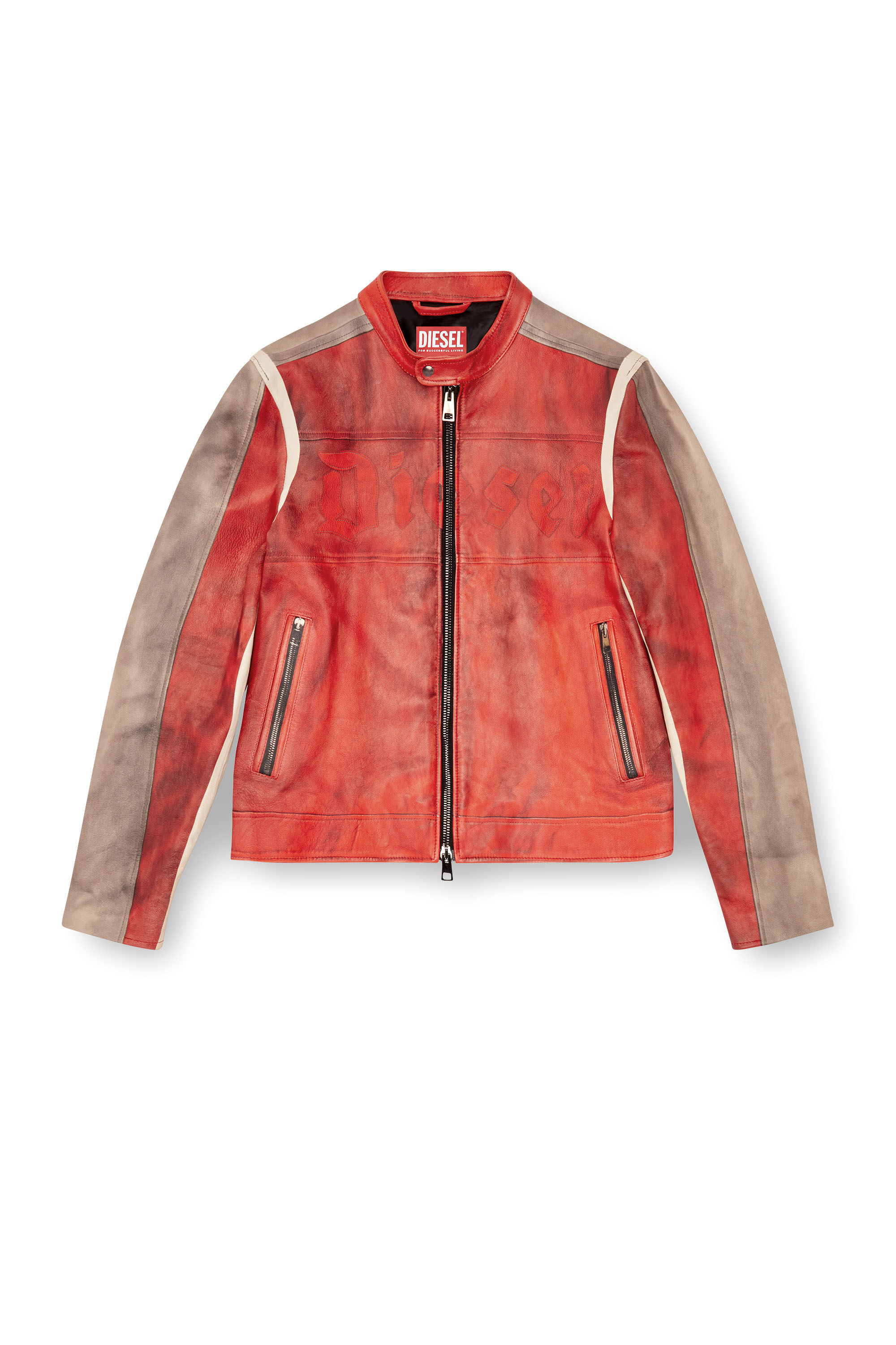 Chaqueta biker de cuero con efecto de suciedad Hombre Rojo Diesel