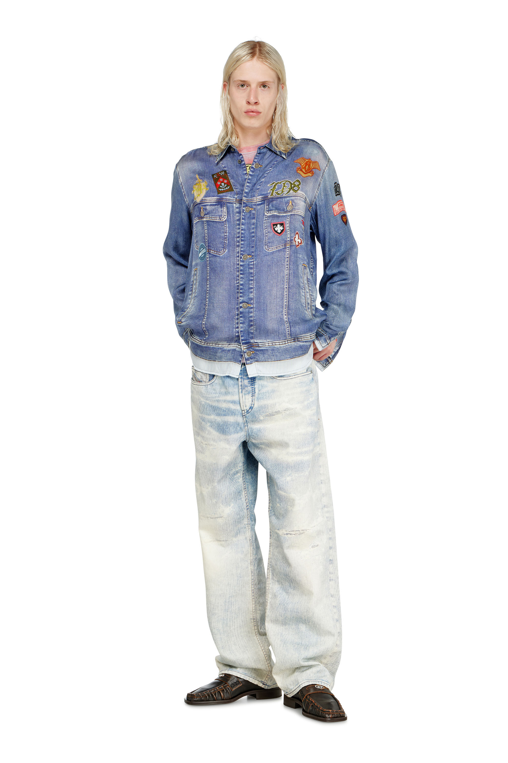 Diesel - S-SIMPLY-PATCH, Camisa satinada con estampado denim trompe-l'oeil Hombre in ToBeDefined - 1