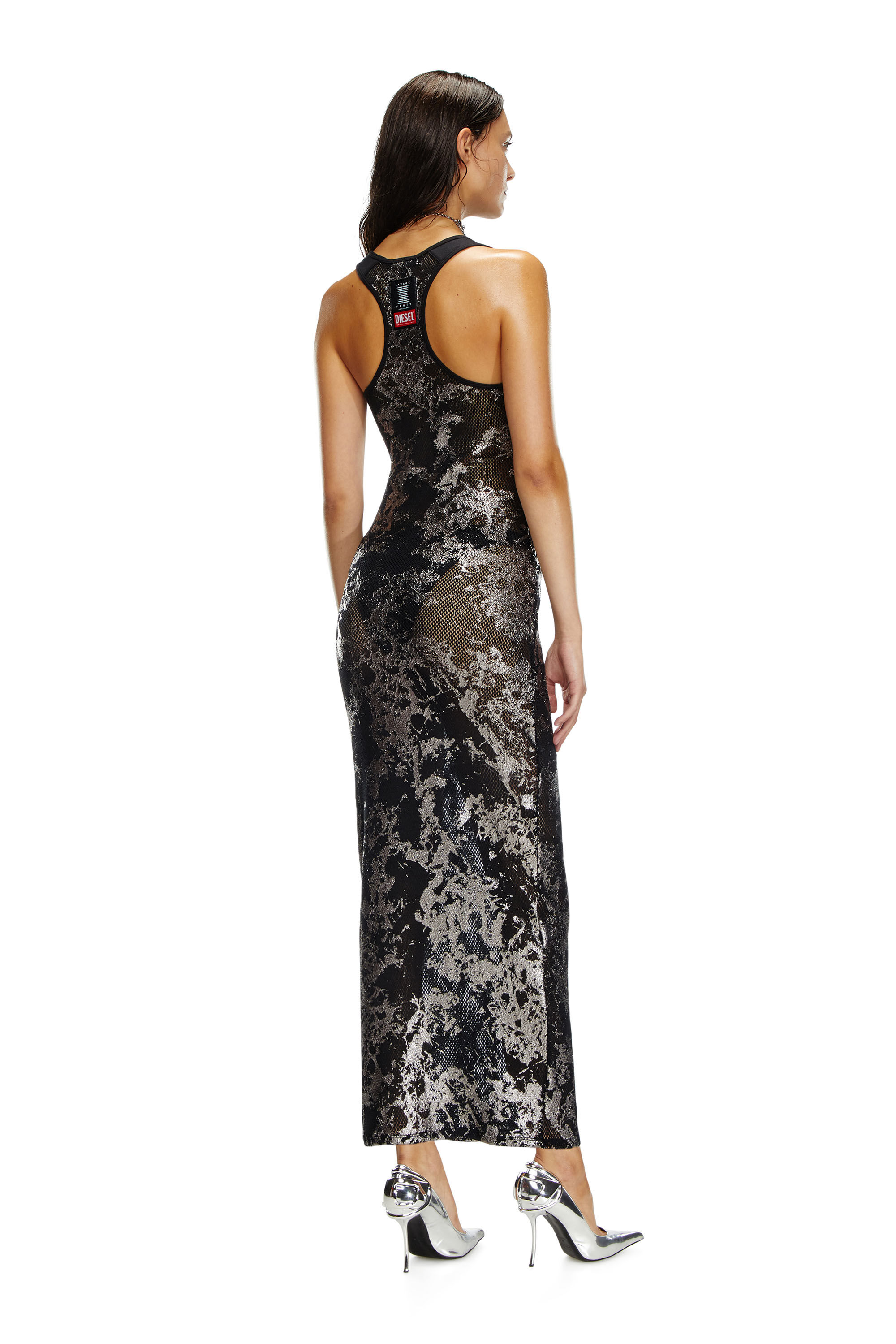 Diesel - FISHNET-SLEEP-SLIP, Vestido lencero largo de malla metalizada Mujer in Negro - 3