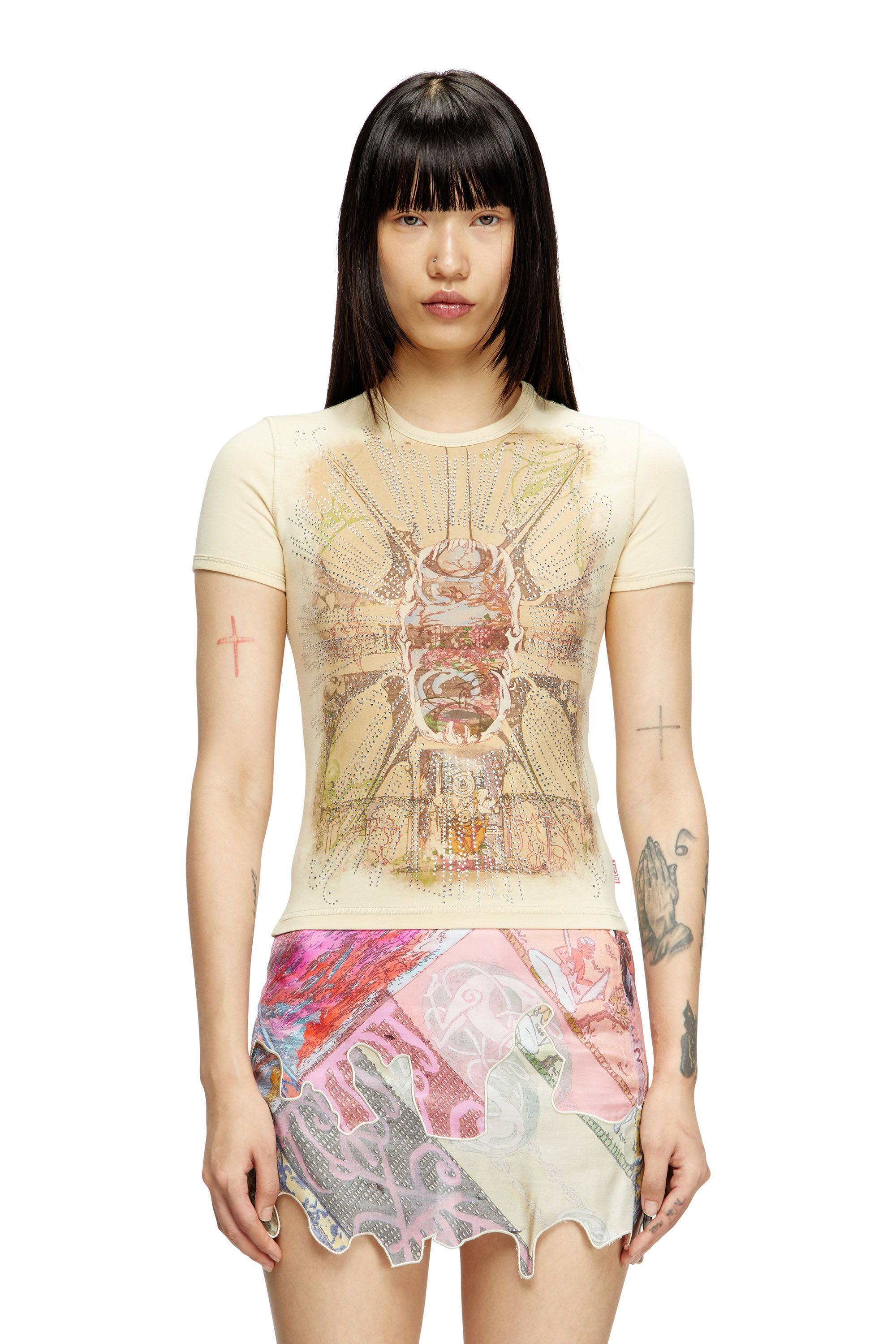 Diesel - T-UNCUTIES-LONG-R14, Woman's T-shirt with rhinestone graphic in Light Brown - 3
