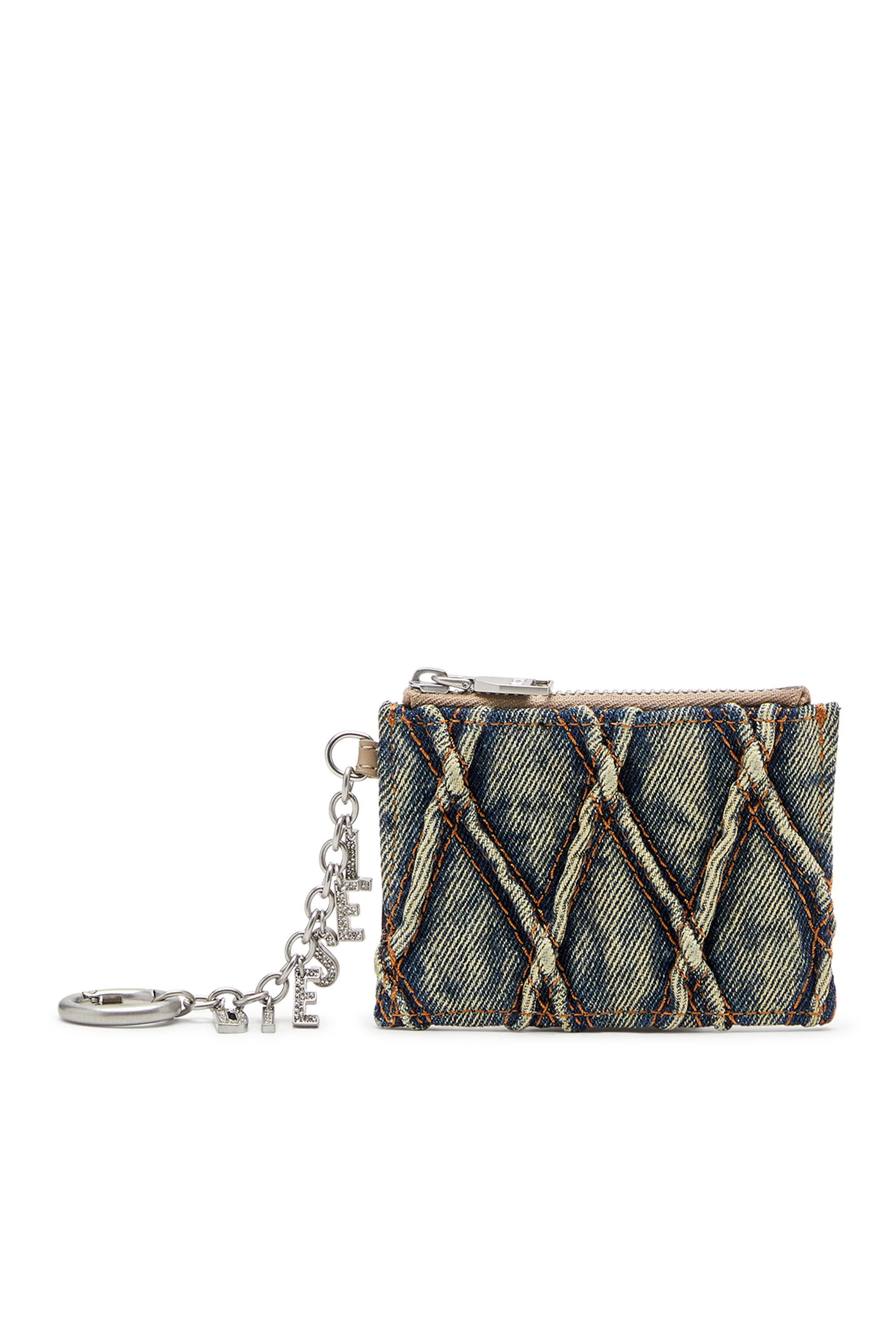 Diesel - CARD HOLDER WITH CHAIN, Tarjetero de denim acolchado con motivo argyle Mujer in Azul marino - 1