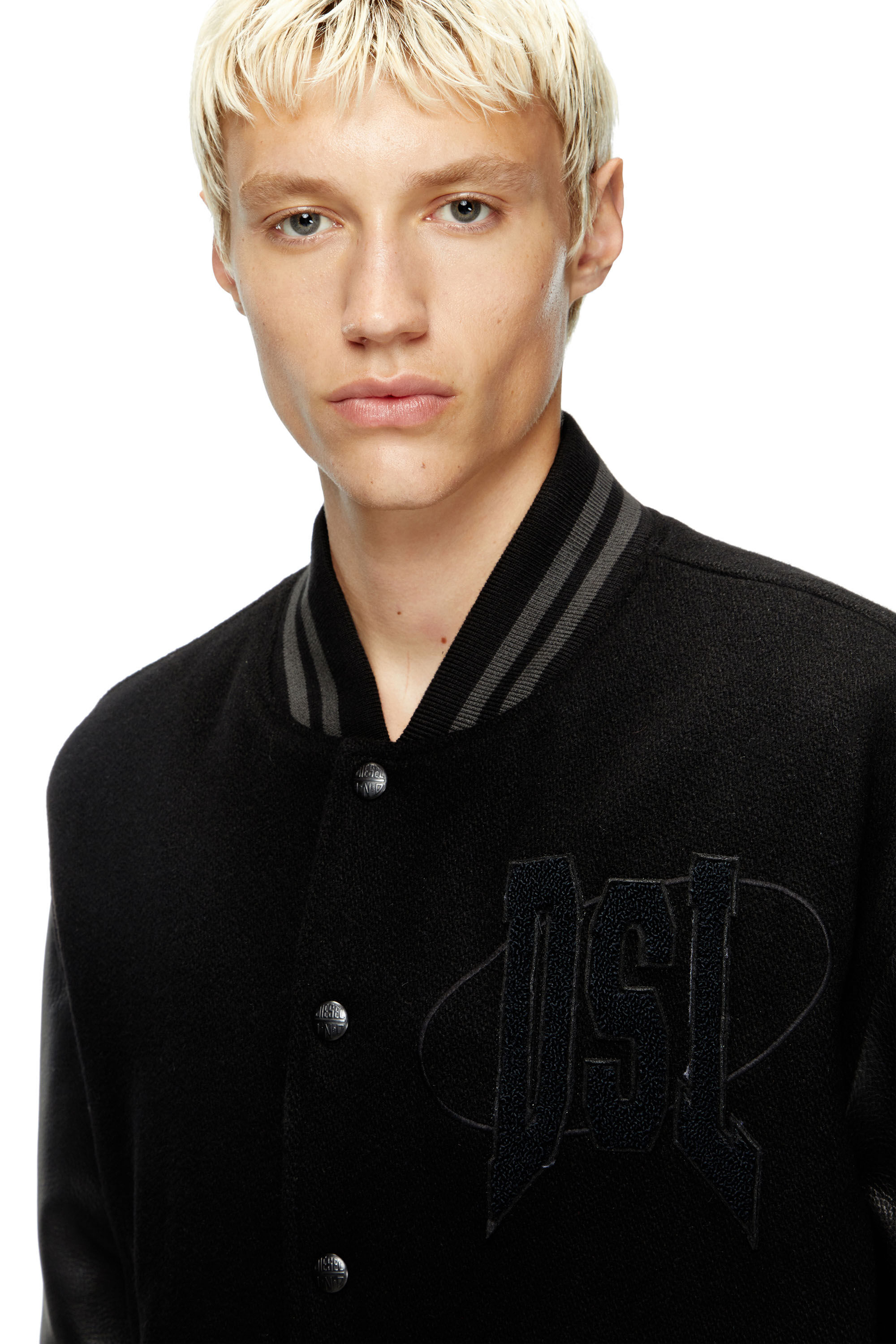Diesel - L-NYMAN, Chaqueta bomber estilo universitario de algodón y cuero Hombre in Negro - 5