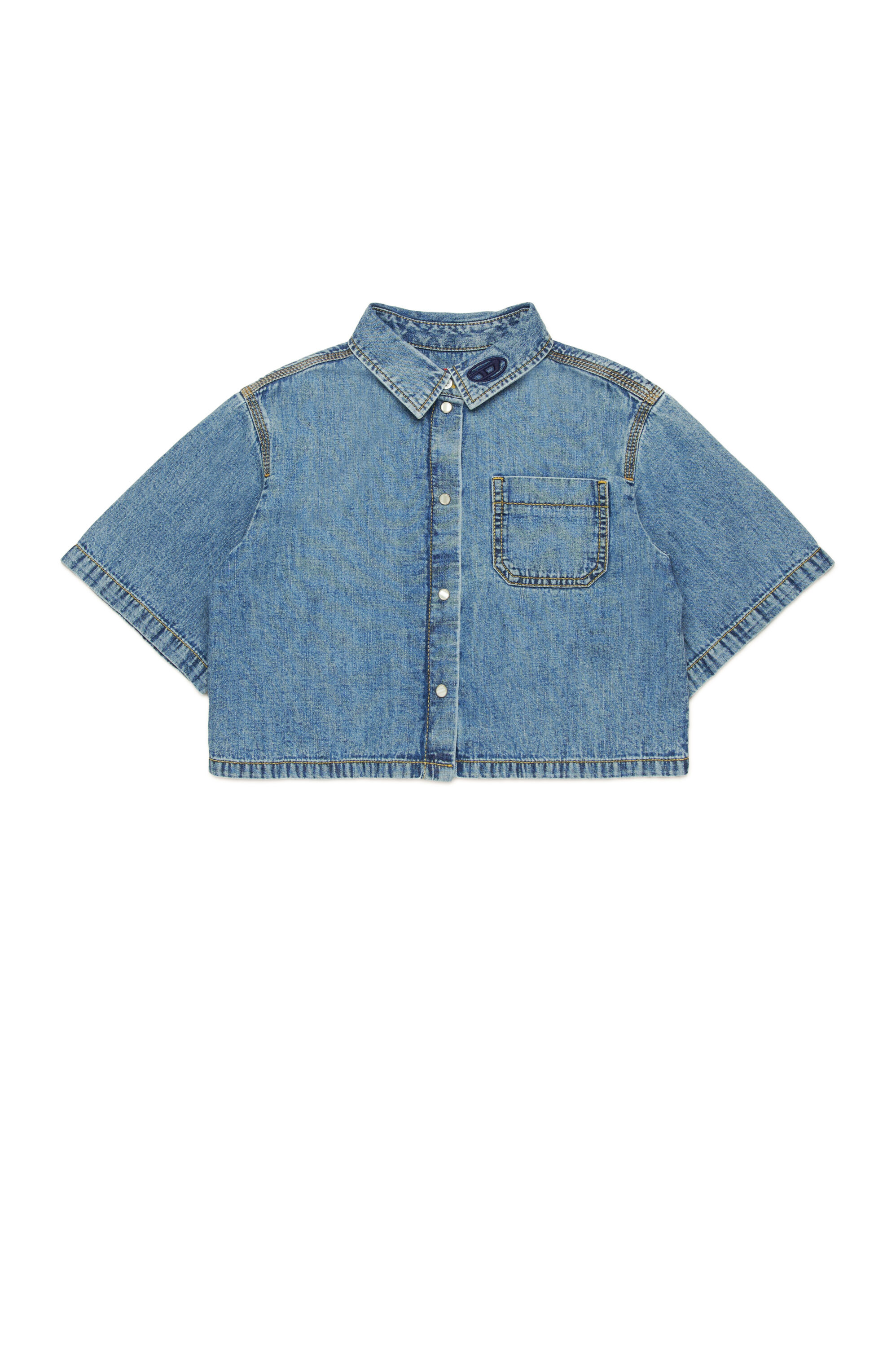Diesel - CINNIX, Camisa recortada de denim con cuello con logotipo Mujer in Azul marino - 1