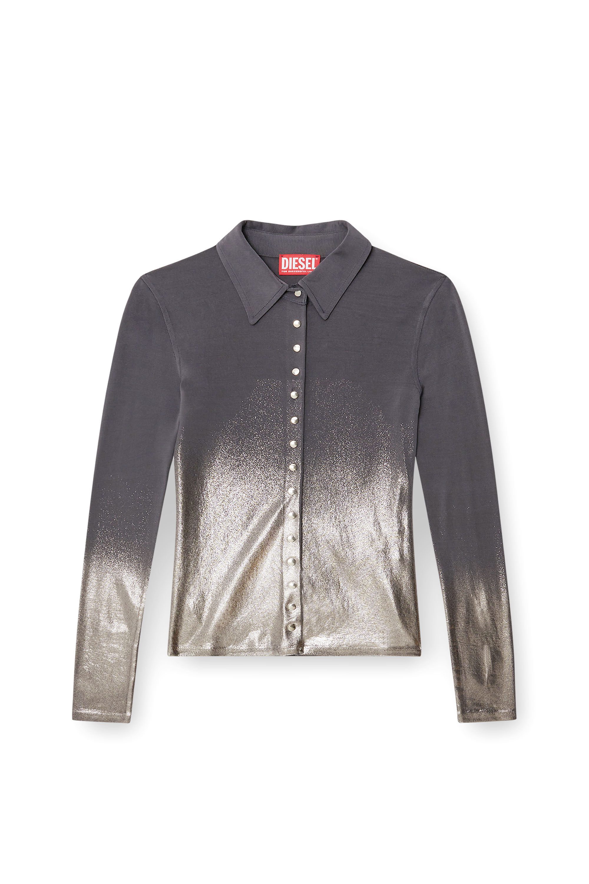 Diesel - C-POL, Camisa de acetato con botones y lámina metálica Mujer in Gris - 2