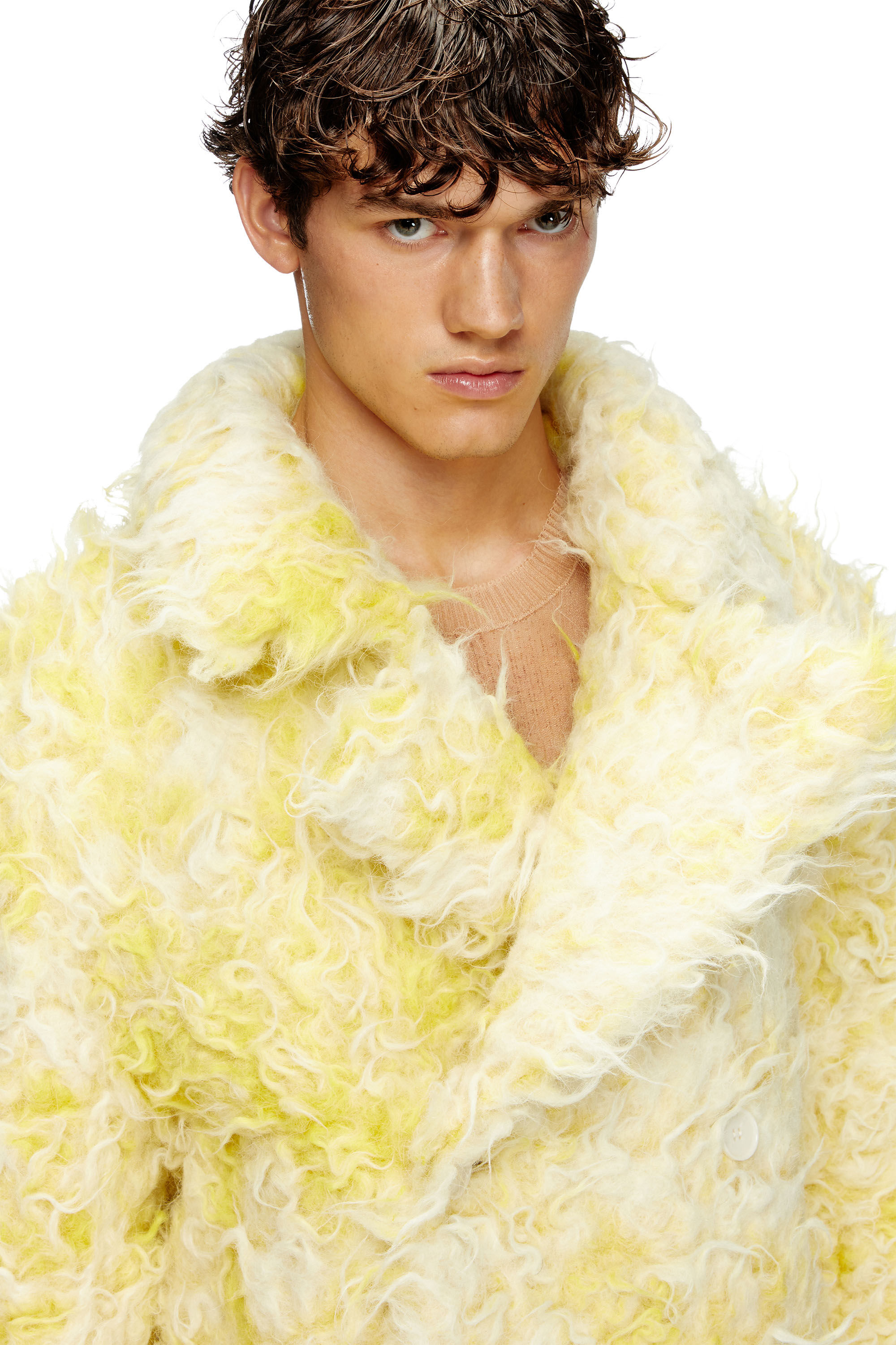 Diesel - W-MIN-SHORT, Man's Double-breasted coat in shaggy alpaca blend in Yellow - 5