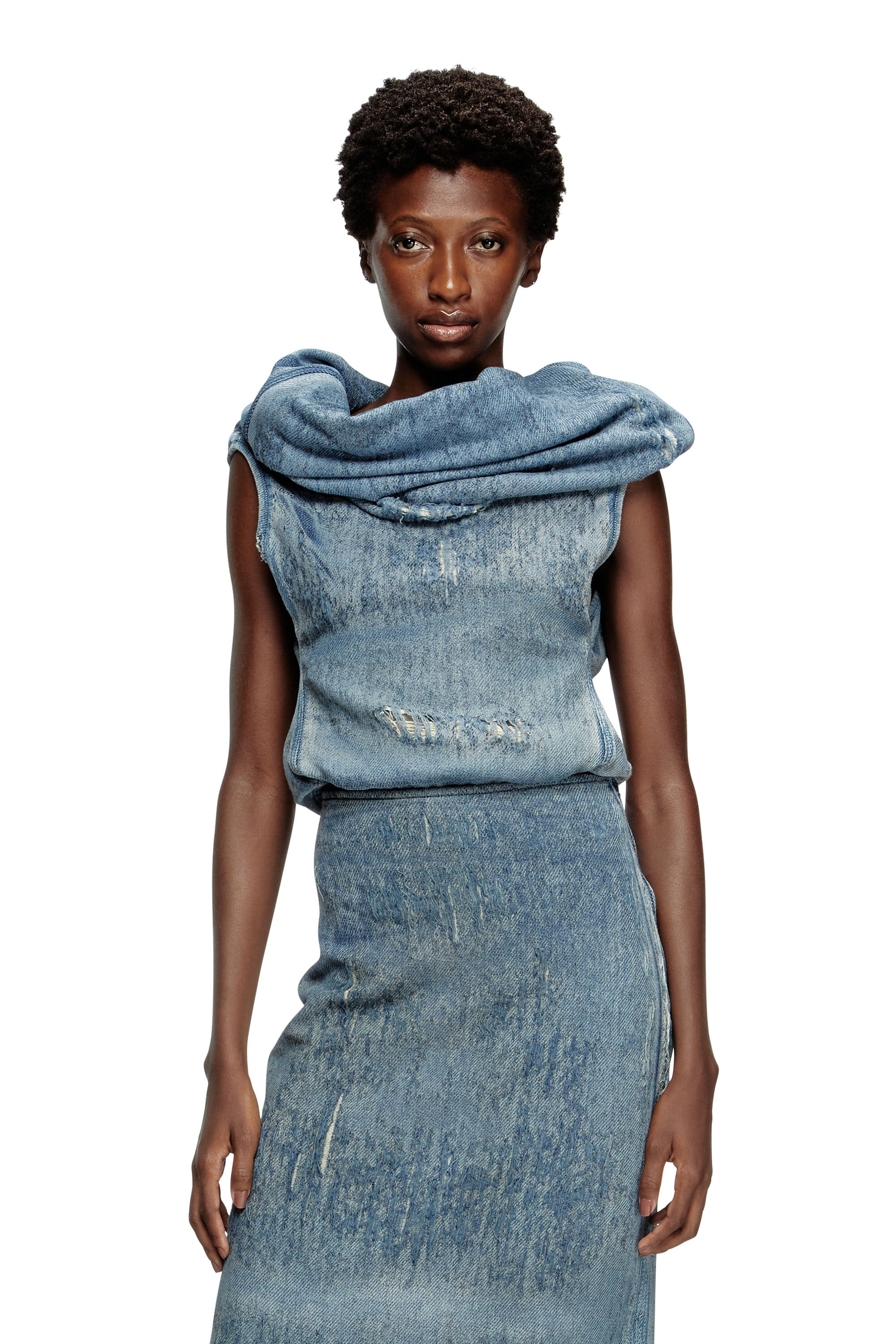 Diesel - DE-VANIA-FSG, Top en denim jacquard ultradestruido Mujer in Azul marino - 3