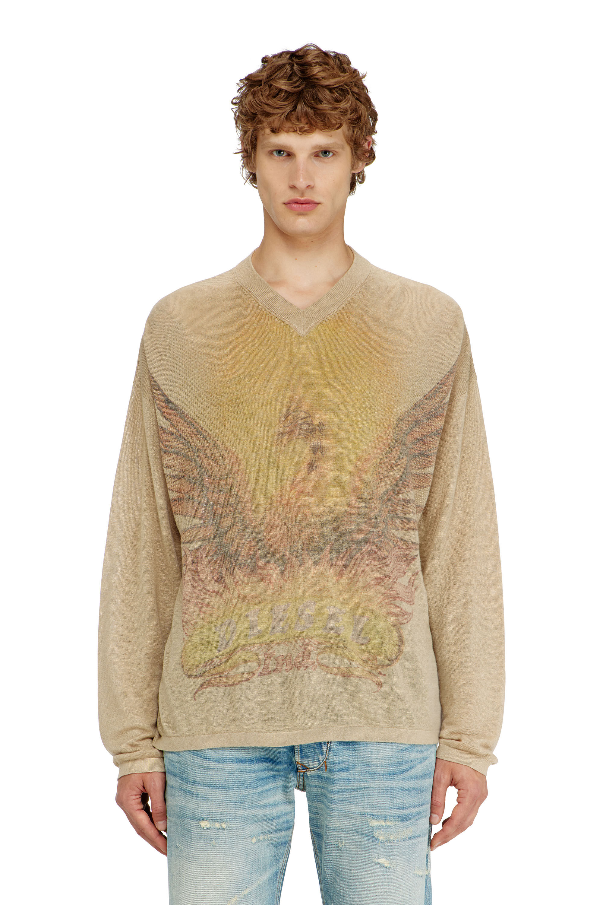 Diesel - K-ARMINS, Jersey de lino con estampado Phoenix desgastado Hombre in Beige - 3