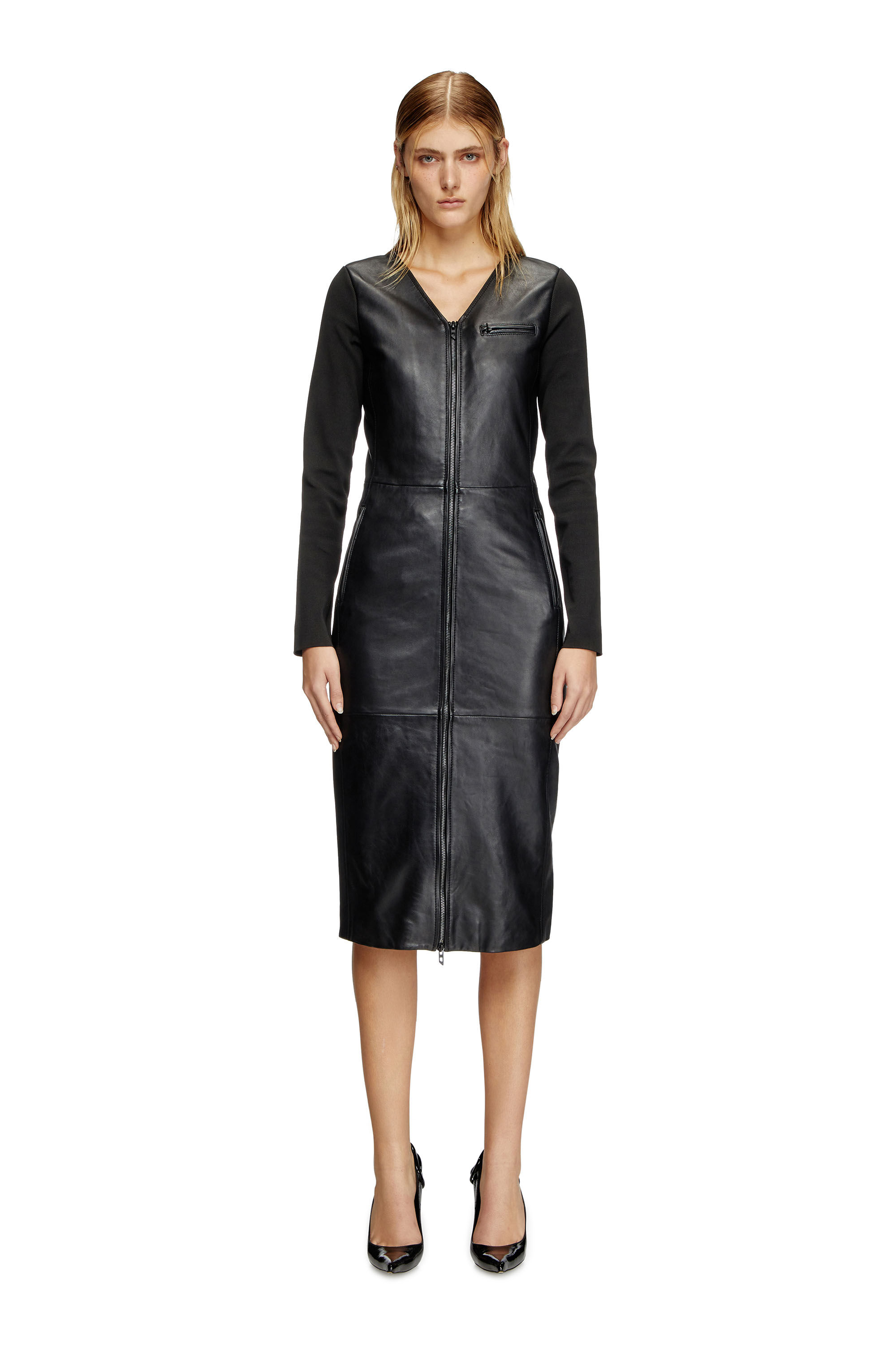 Diesel - L-OLA, Vestido de cuero y tejido elástico Mujer in Negro - 3