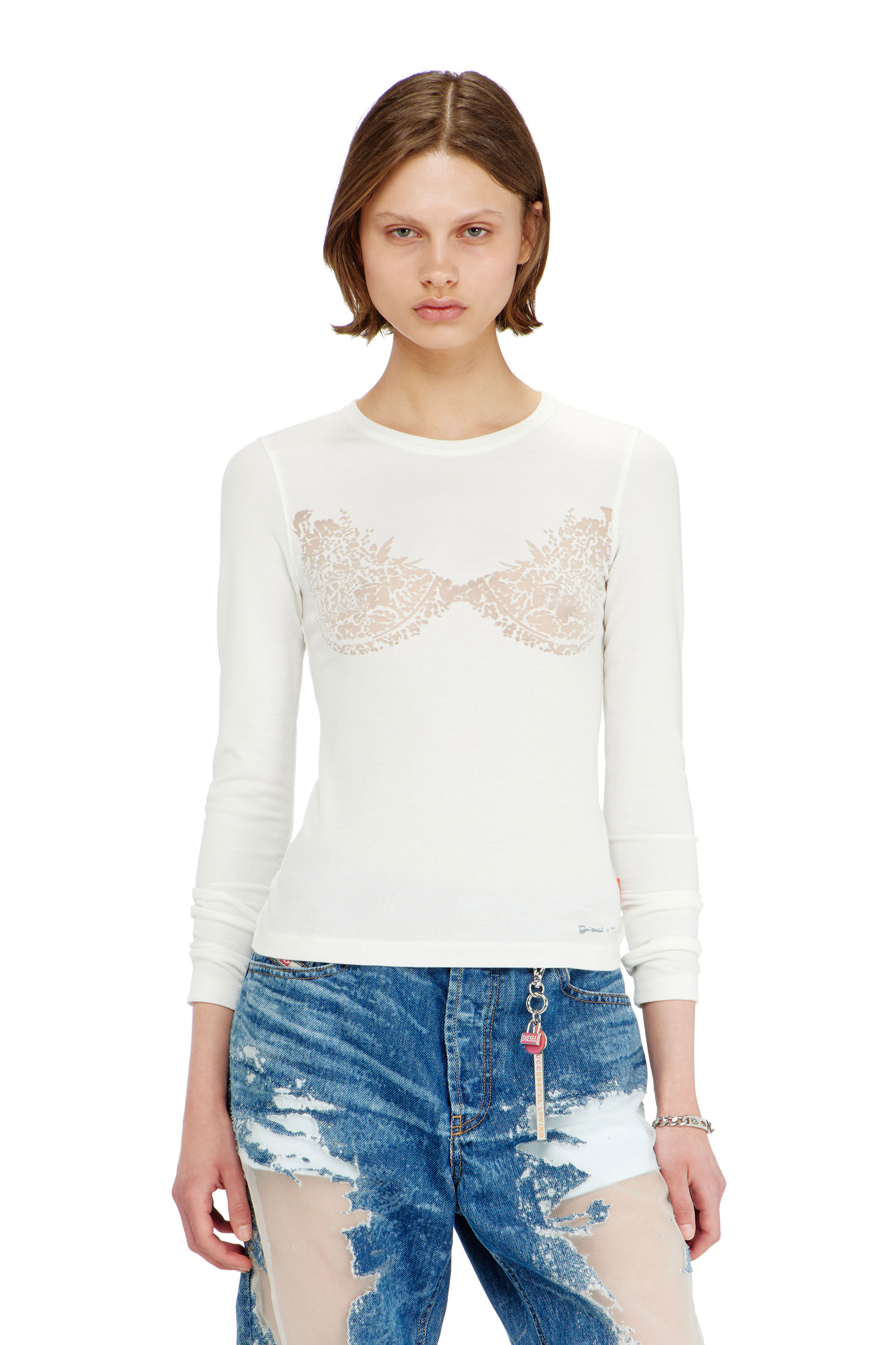 Diesel - PR-T-MOKKI-LS-R, Top con efecto de encaje devor&eacute; Mujer in Blanco - 3