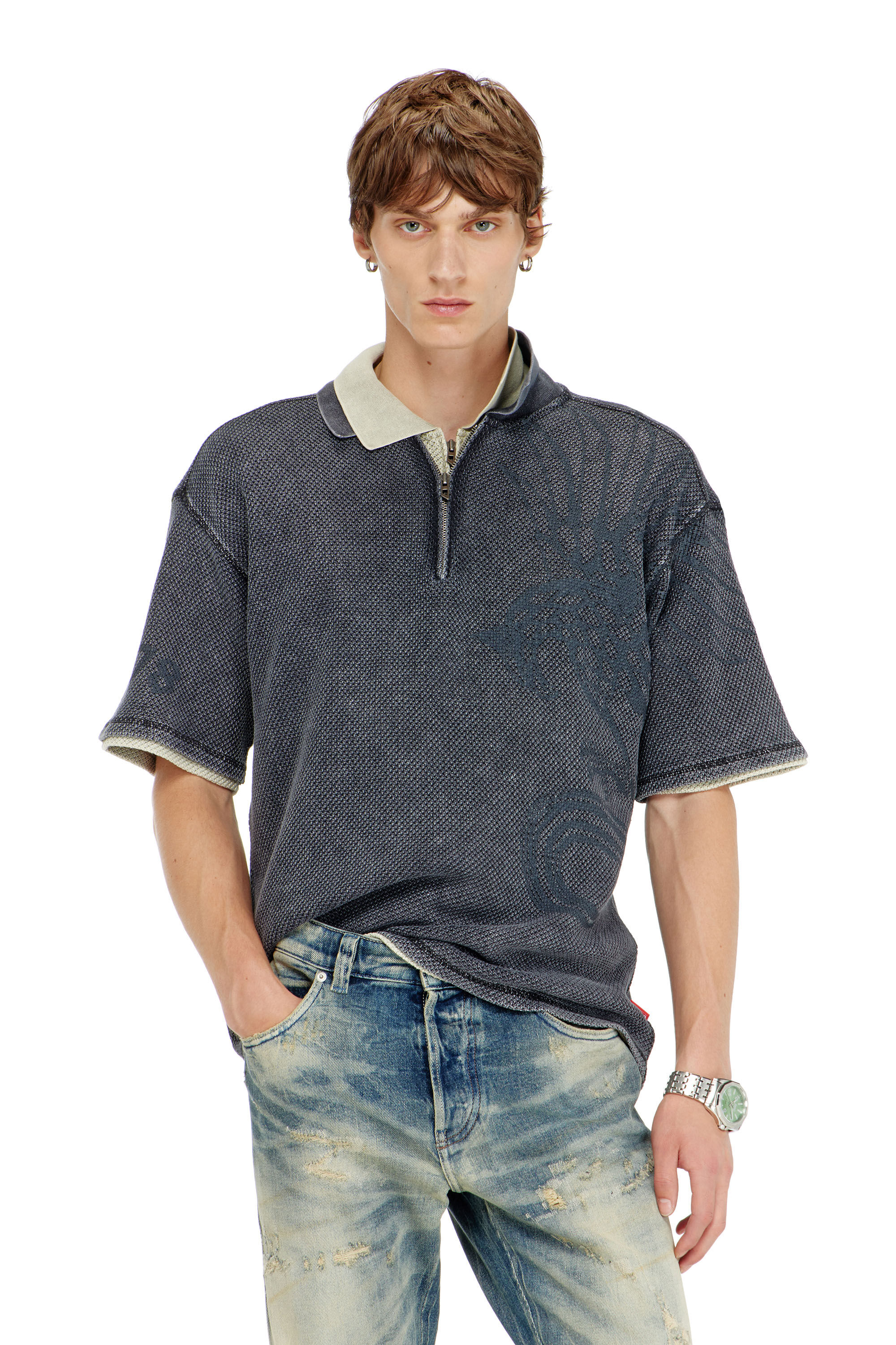 Diesel - T-ERRY-ZIP, Polo de jacquard mesh con estampado Phoenix Hombre in Gris - 3