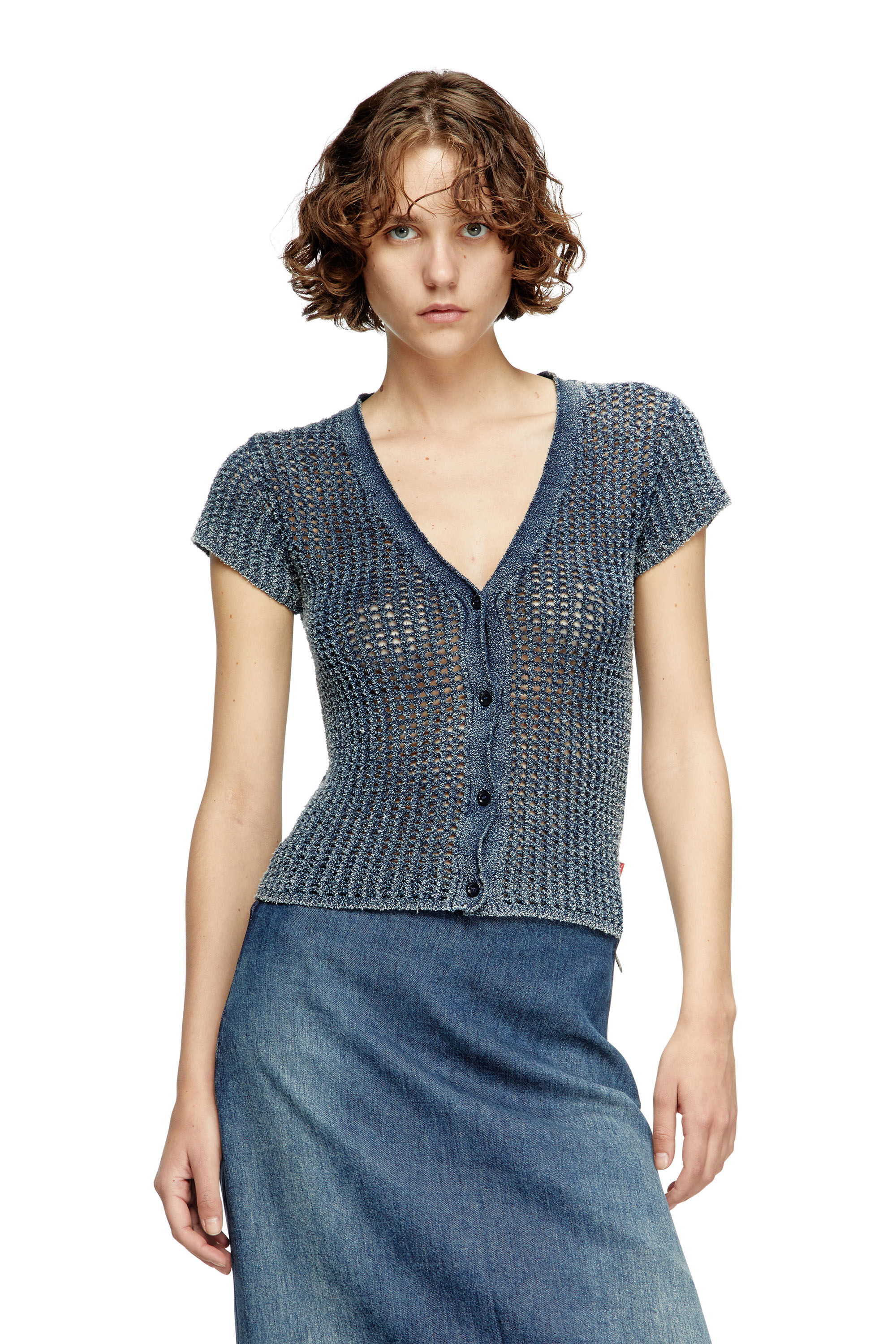 Diesel - M-REZ, Cárdigan de manga corta de punto de malla denim Mujer in Azul marino - 3