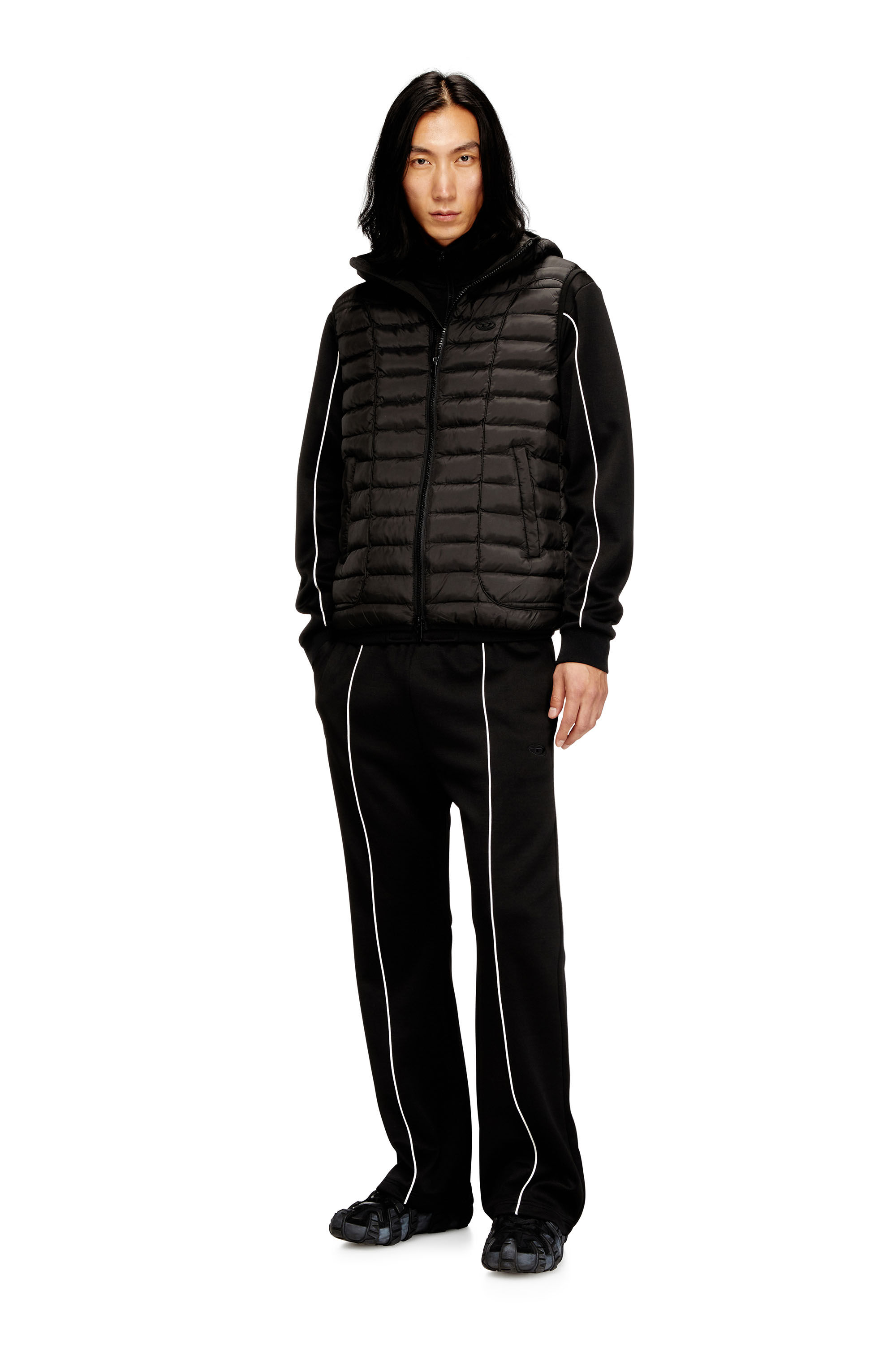 Diesel - W-TEMPLE, Chaleco puffer con capucha en nailon ligero Hombre in Negro - 1