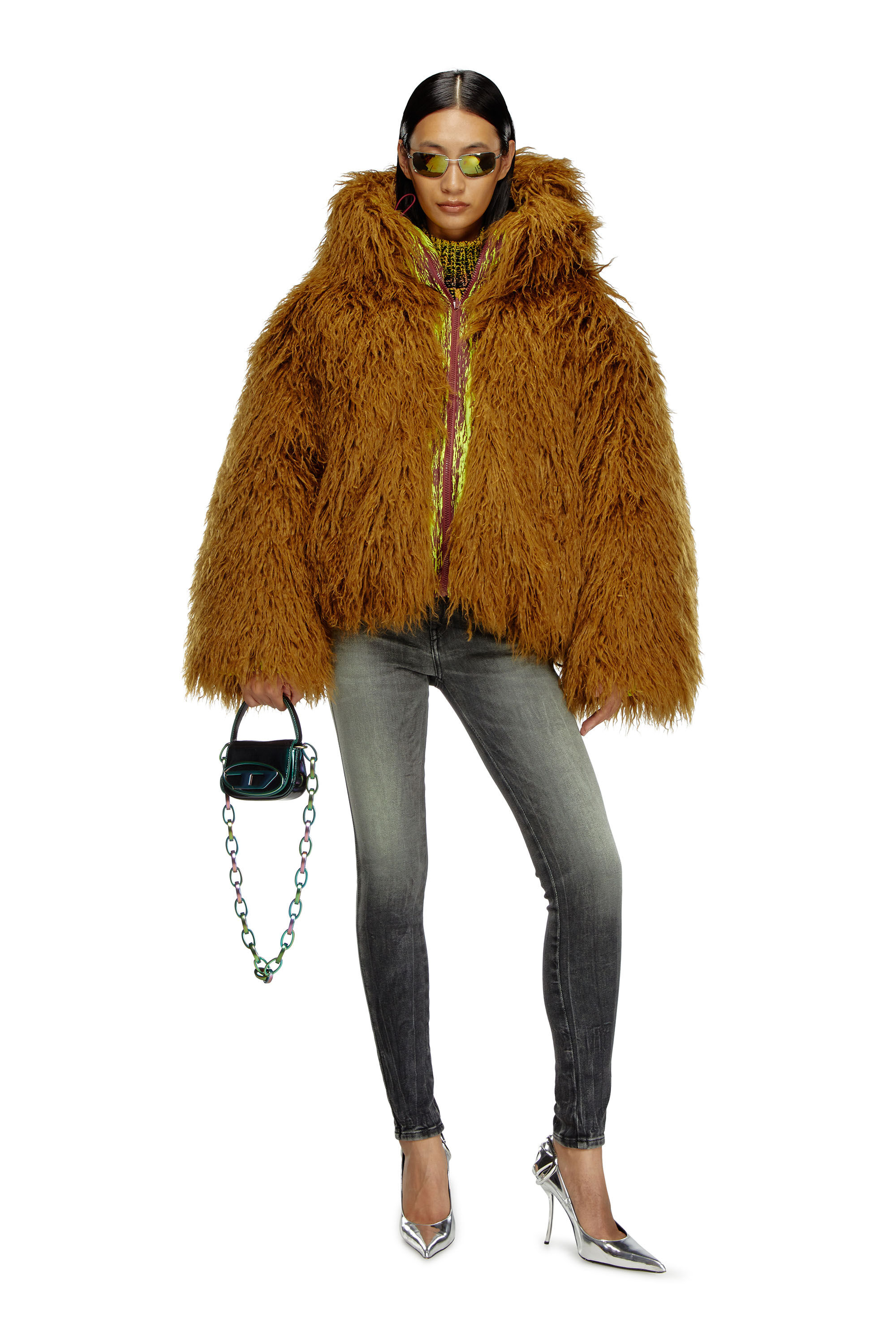 Chaqueta reversible de devore y pelo largo Mujer Marron Diesel