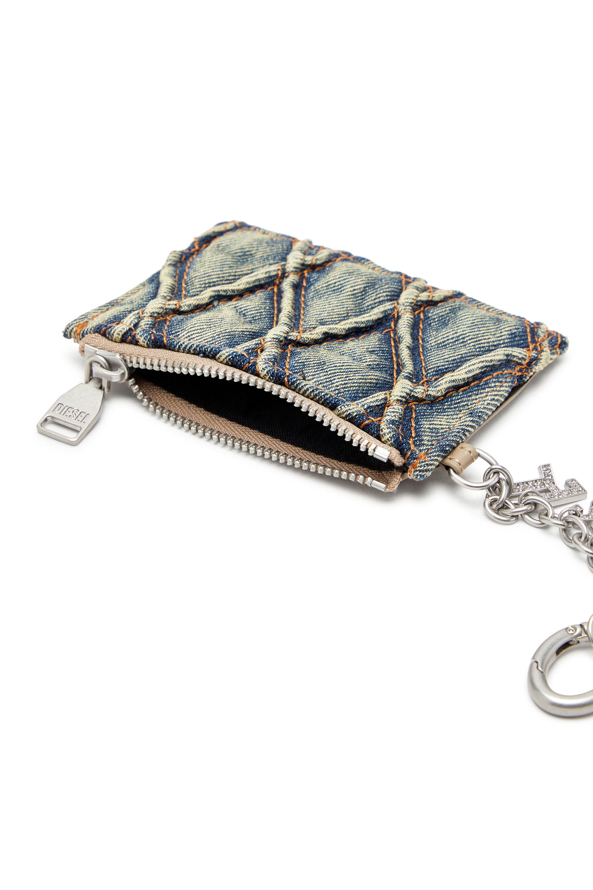 Diesel - CARD HOLDER WITH CHAIN, Tarjetero de denim acolchado con motivo argyle Mujer in Azul marino - 3