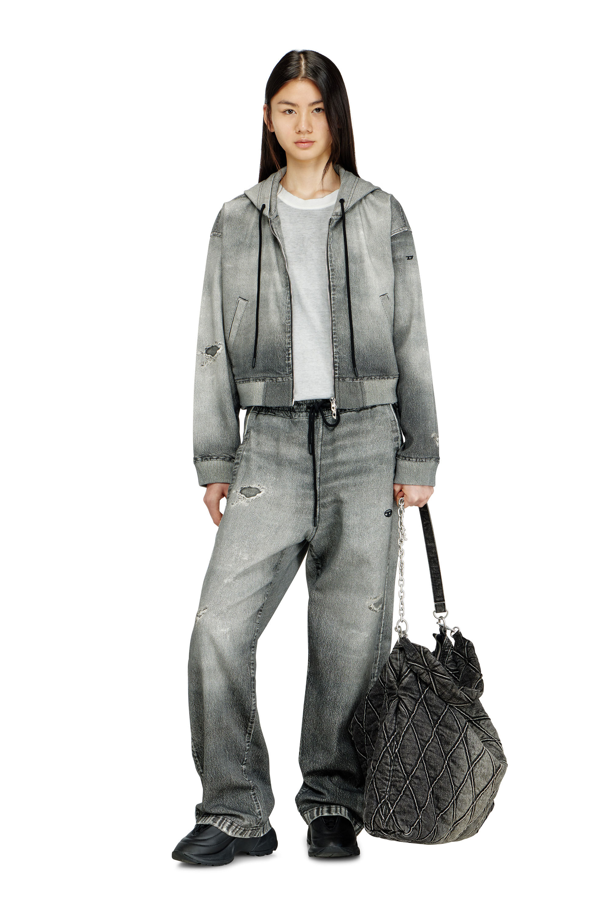 Diesel - DE-GIRI-CROP JOGG, Sudadera con capucha de cremallera en trompe l'oeil JoggJeans Mujer in Gris - 1
