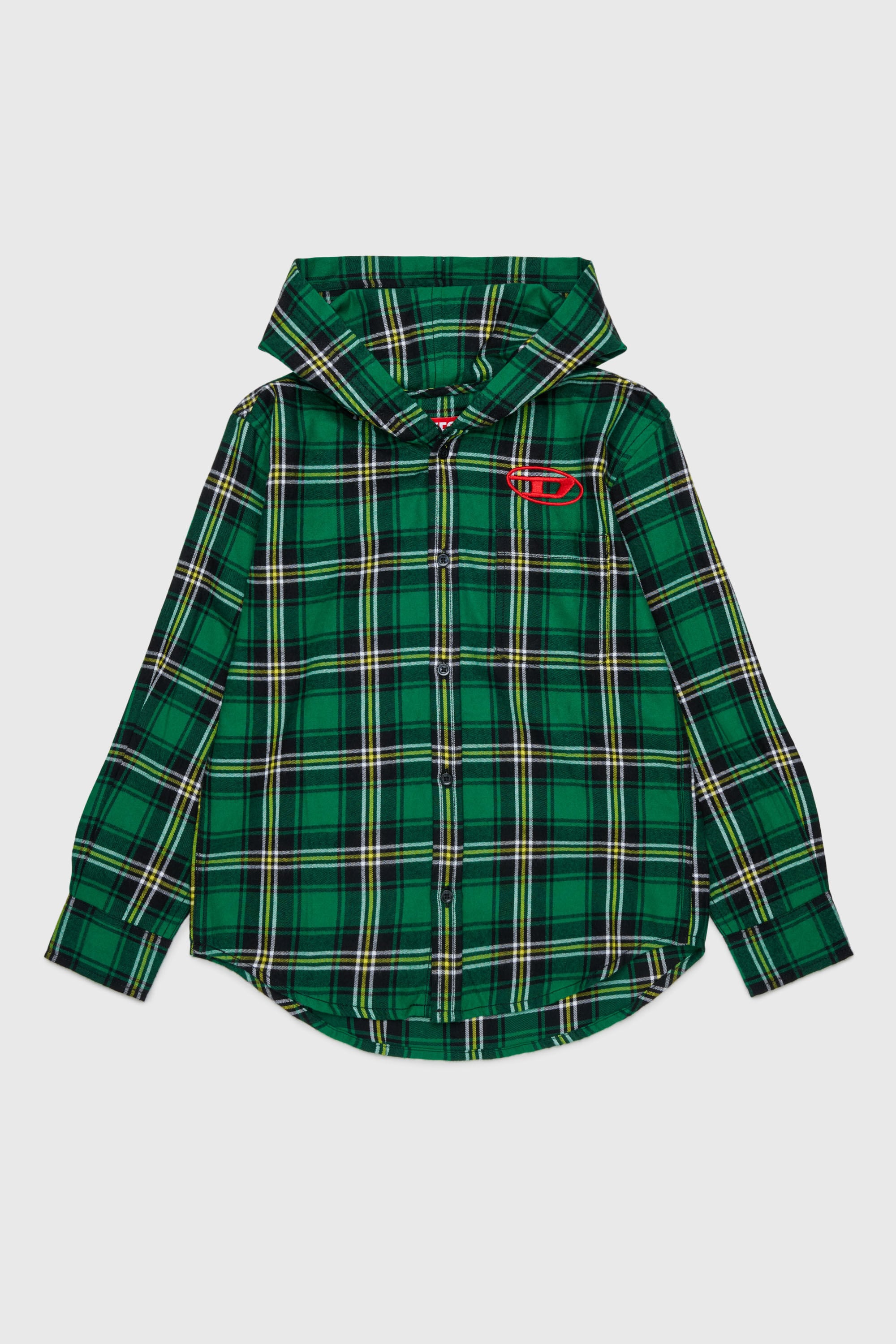 Diesel - CHECK OVER, Man's Hooded check shirt with Oval D embroidery in Green - 1
