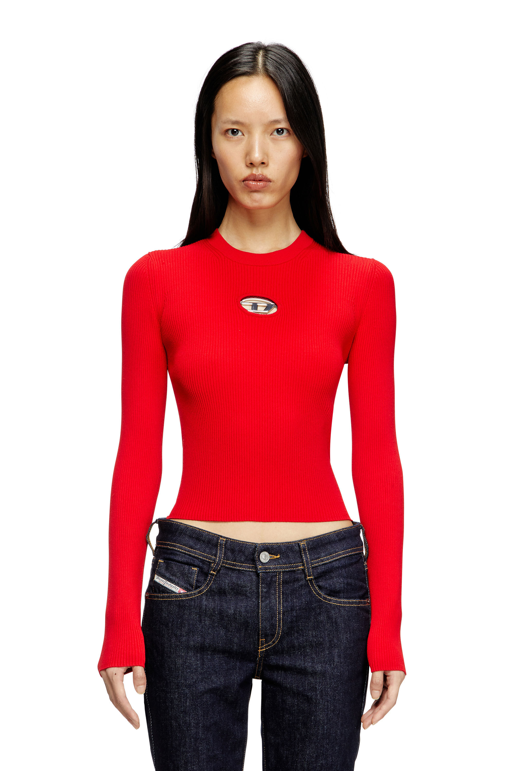 Diesel - M-VALARI, Top de mezcla de viscosa tejido en canalé con Oval D Mujer in Rojo - 3