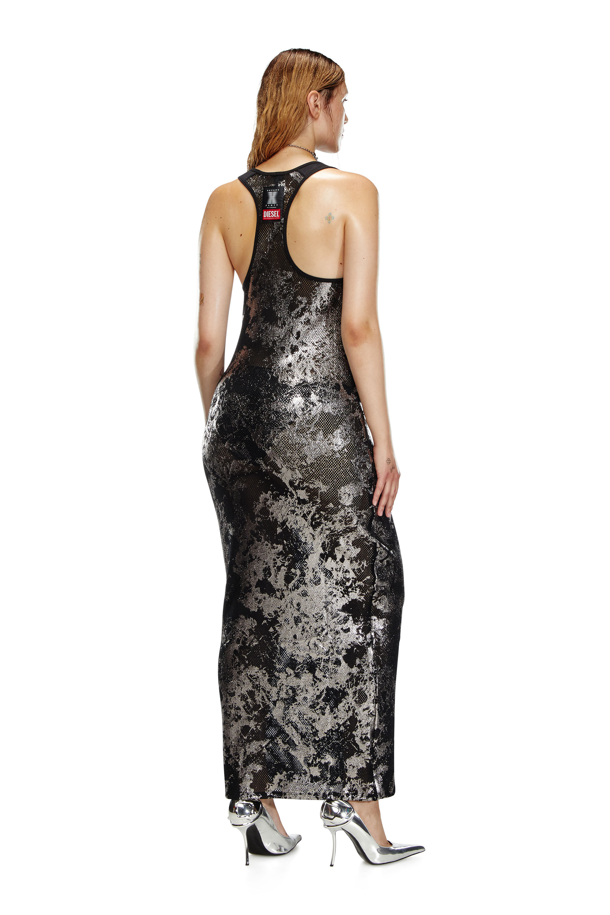 Diesel - C-FINISHNET-SLEEP-SLIP, Vestido lencero largo de malla metalizada Mujer in Negro - 3