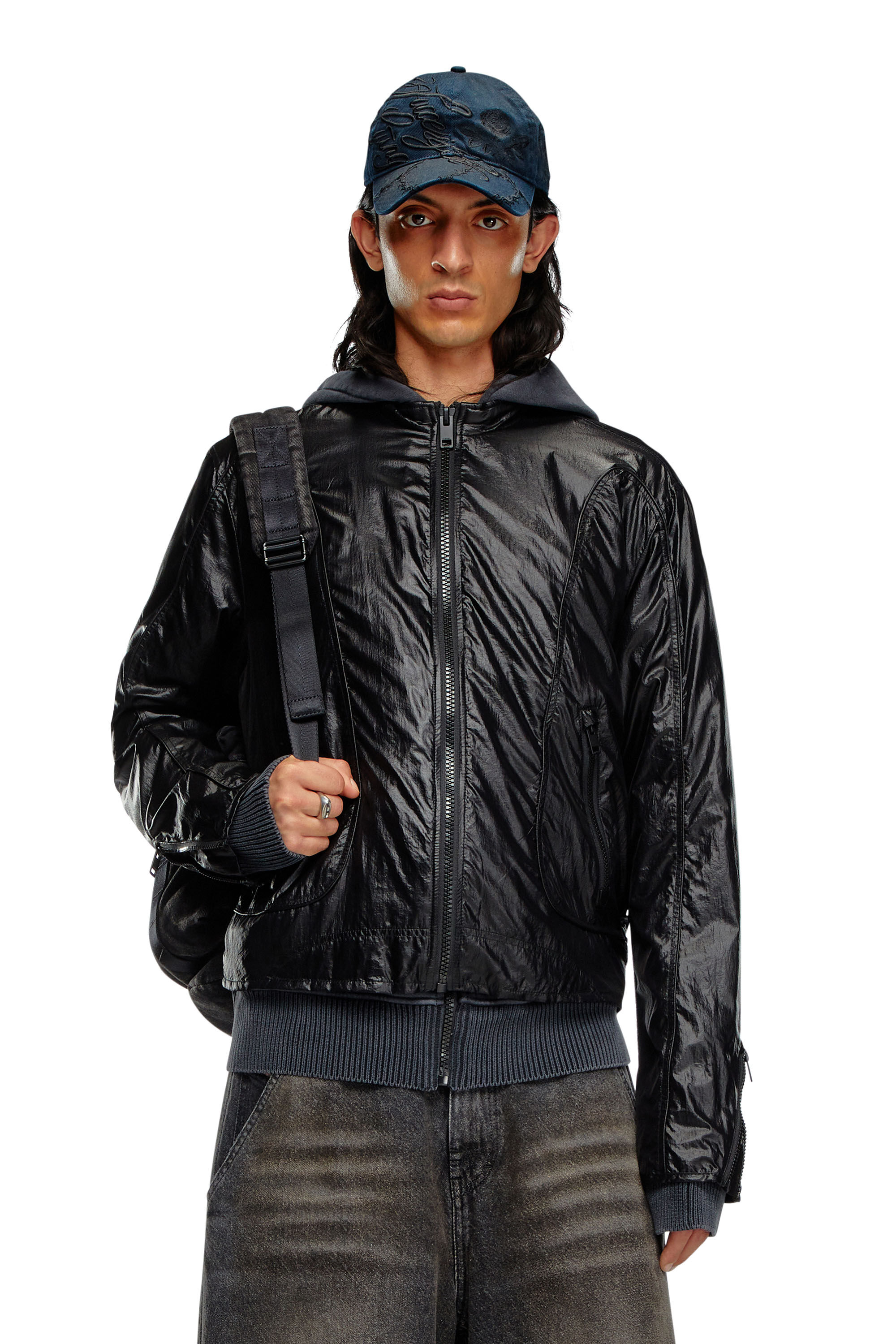 Diesel - J-CLAYS, Man Biker jacket in shiny ripstop in Black - Image 3