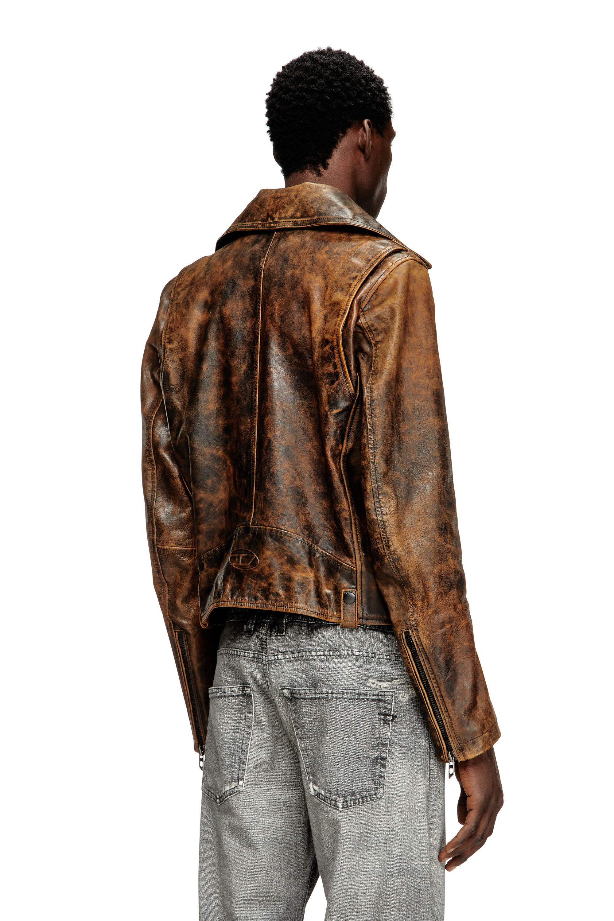 Diesel - L-EON, Chaqueta biker en cuero tratado Hombre in Marrón - 4