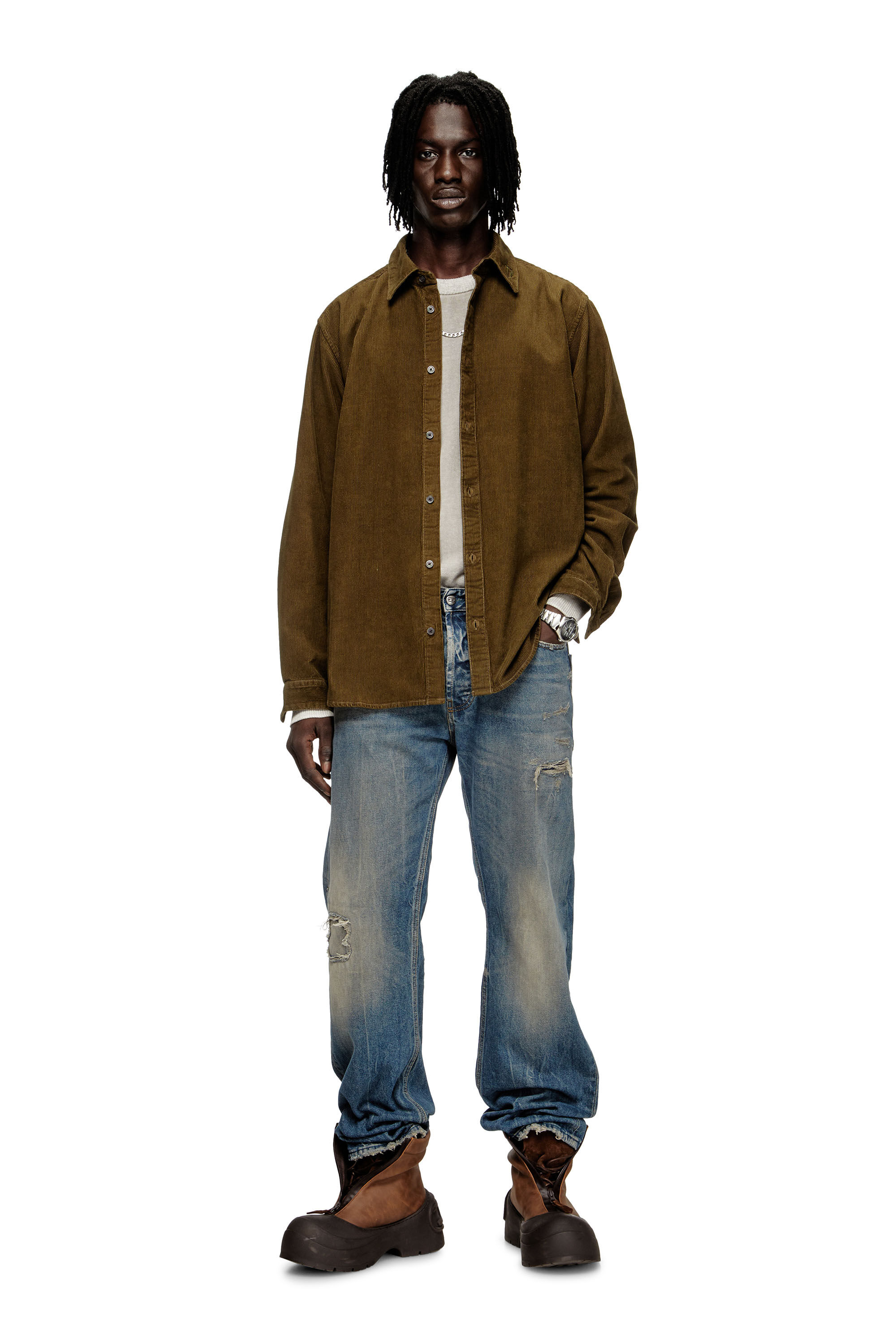 Diesel - S-SIMPLY-AJFQ, Camisa de algodón con bordado en el cuello Hombre in Verde - 1