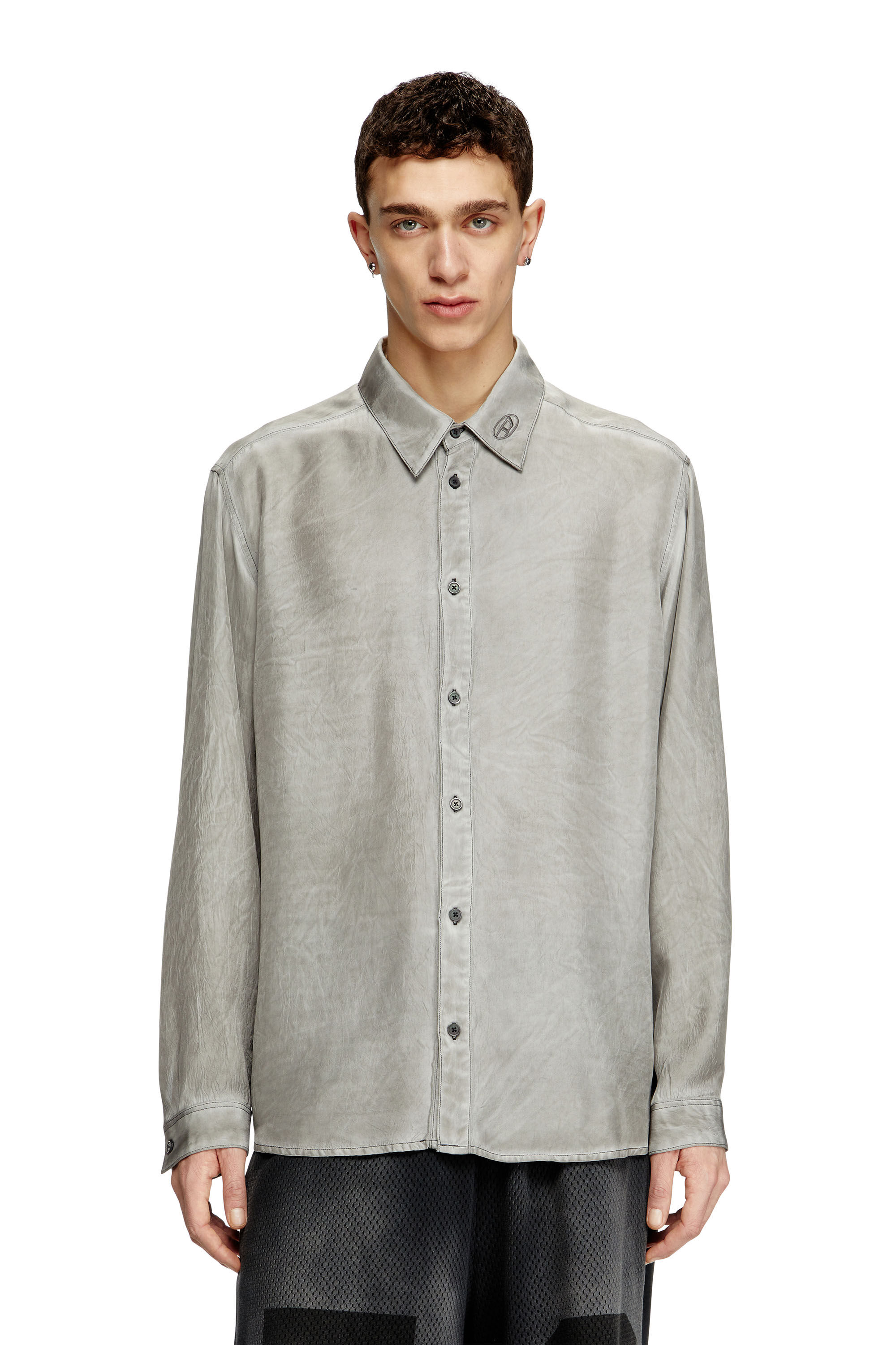 Diesel - S-LEON, Camisa de tejido fluido arrugada con cuello y logotipo Unisex in Gris - 3