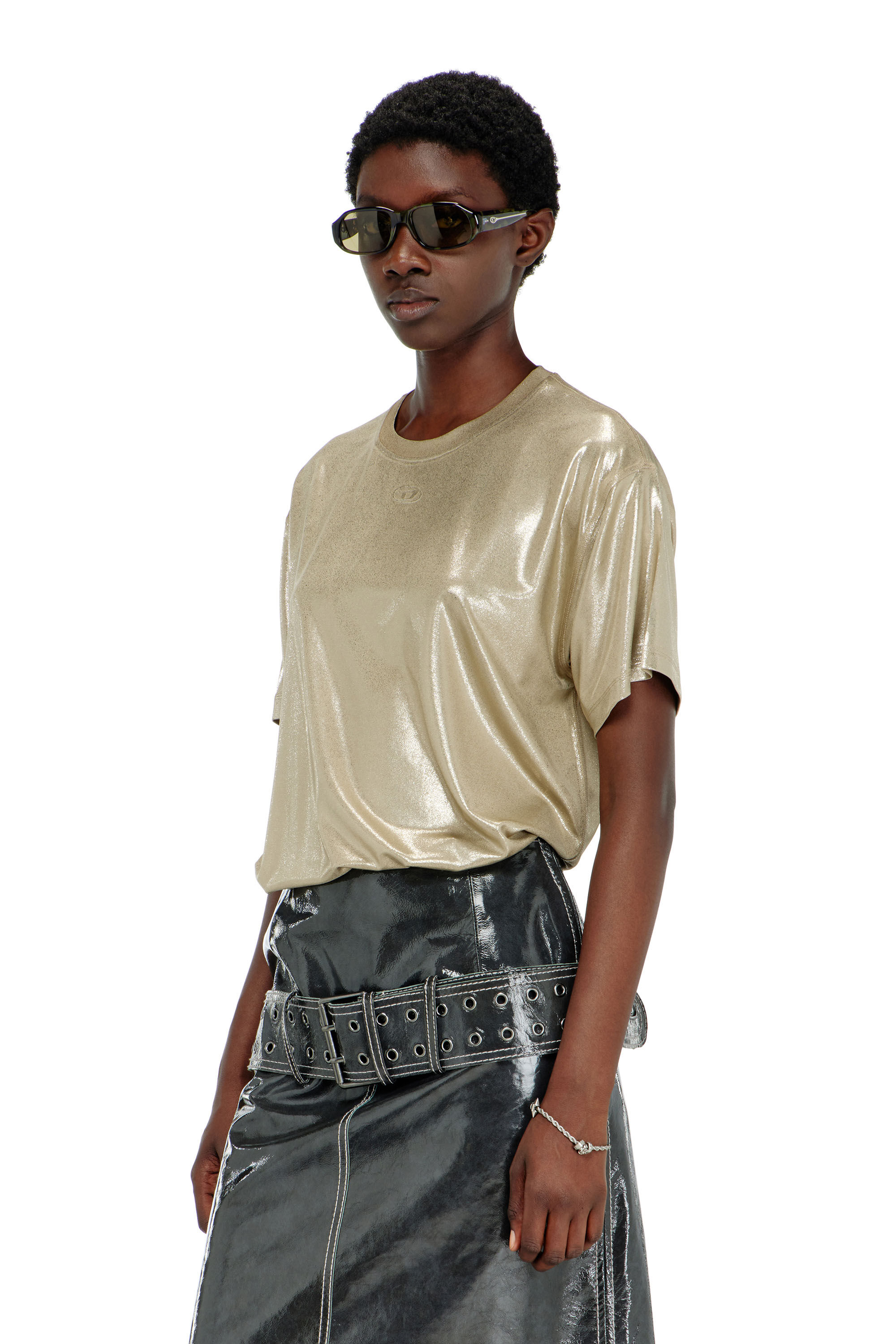Diesel - T-NORMY-AA2, Camiseta de punto con acabado metalizado Mujer in Beige - 3