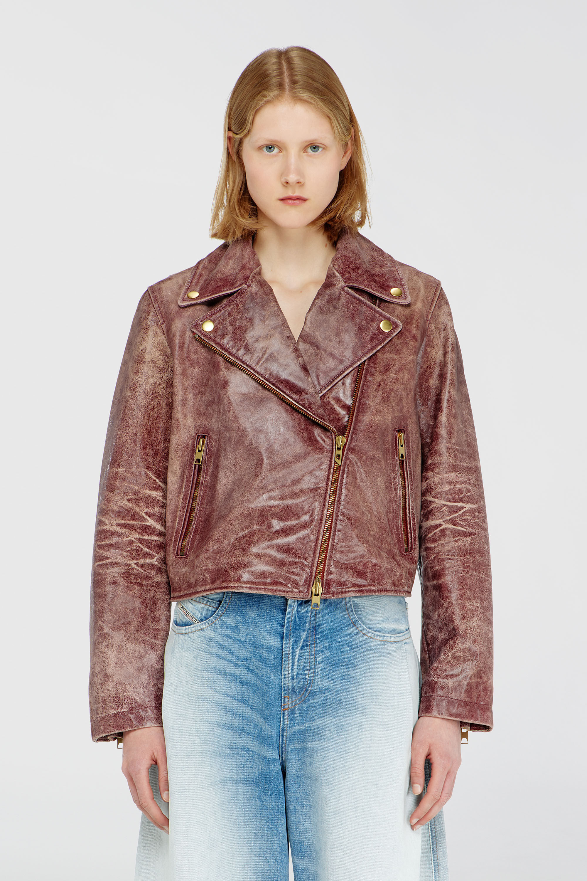Diesel - L-UNATIC-T1, Chaqueta biker de piel tratada Mujer in Rojo - 5