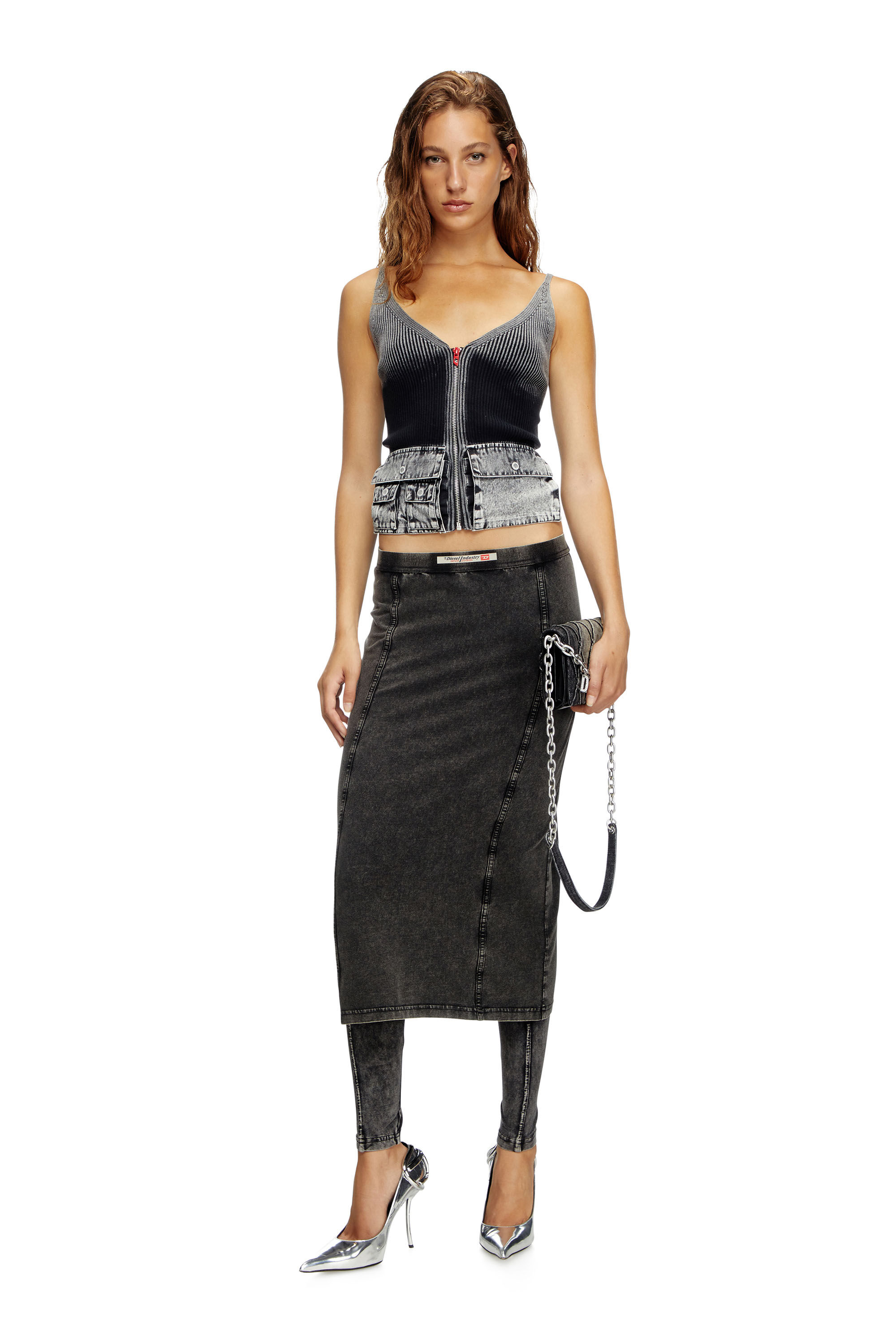 Diesel - M-MELLY, Camiseta tejida con tirantes y bolsillos cargo de denim Mujer in Gris - 1