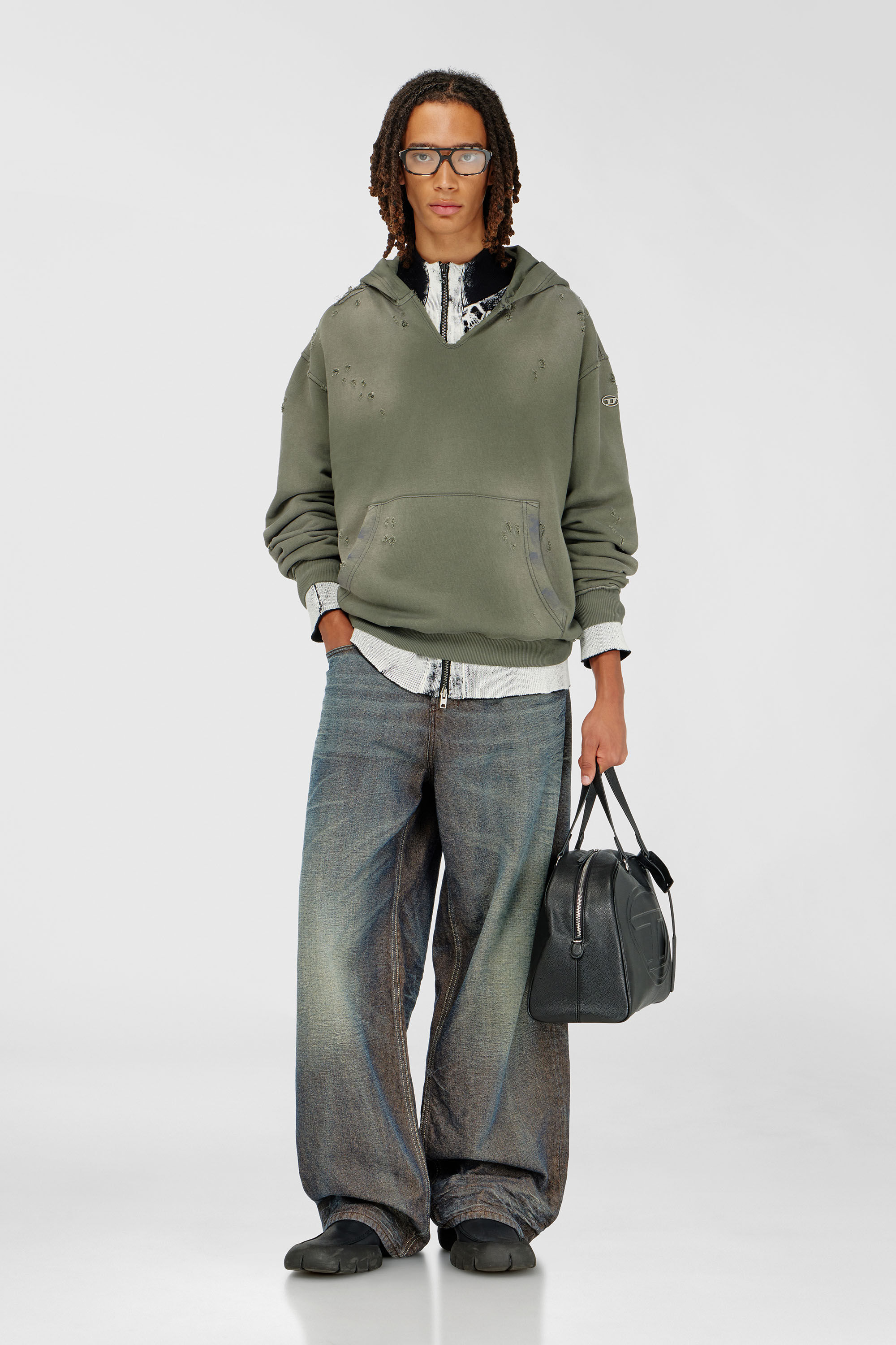 Diesel - S-KEITHY, Sudadera con capucha efecto desgastado y cuello de pico Hombre in Gris - 1