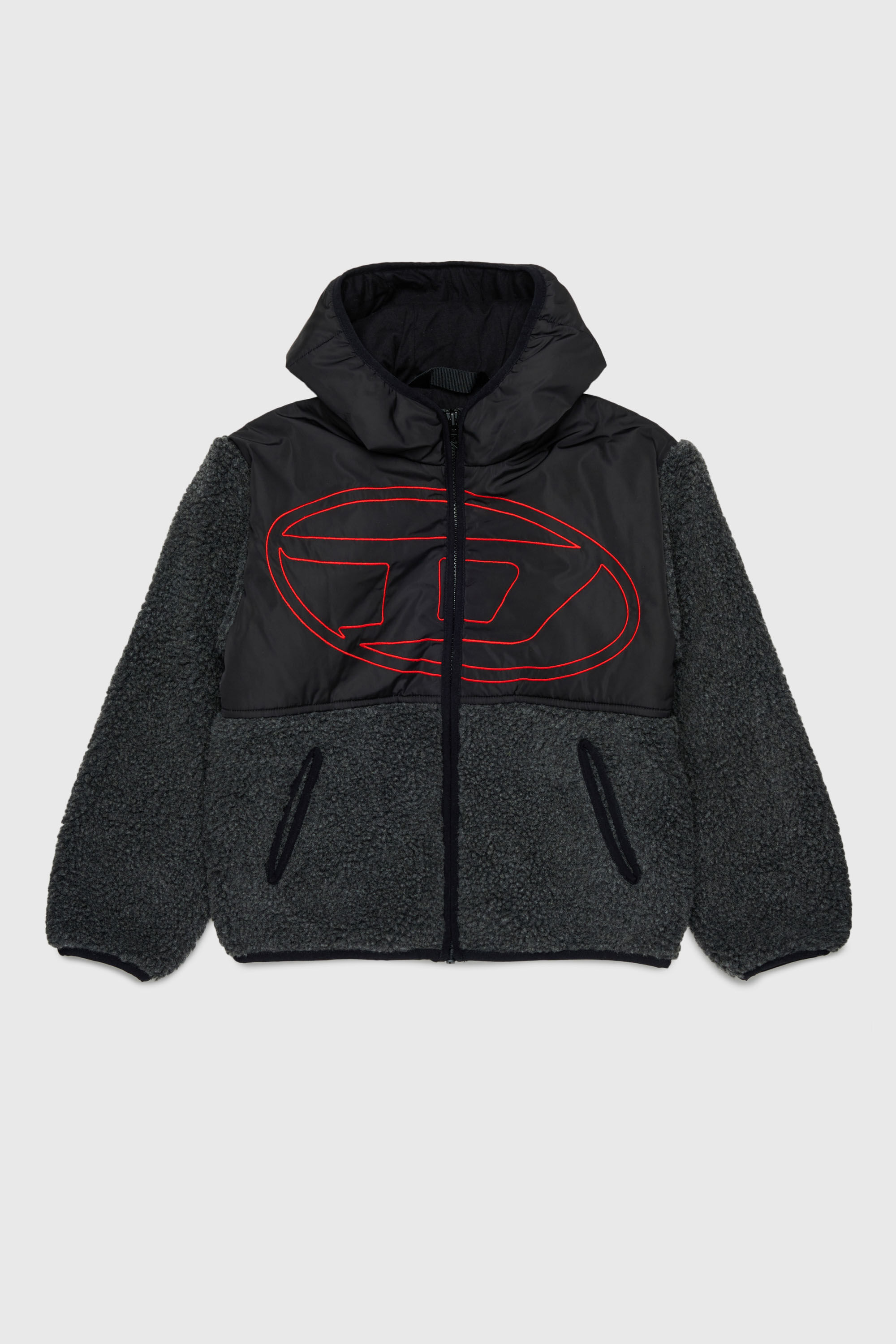 Diesel - JSHEAR, Man's Hooded jacket in nylon and teddy fleece in Black - 1