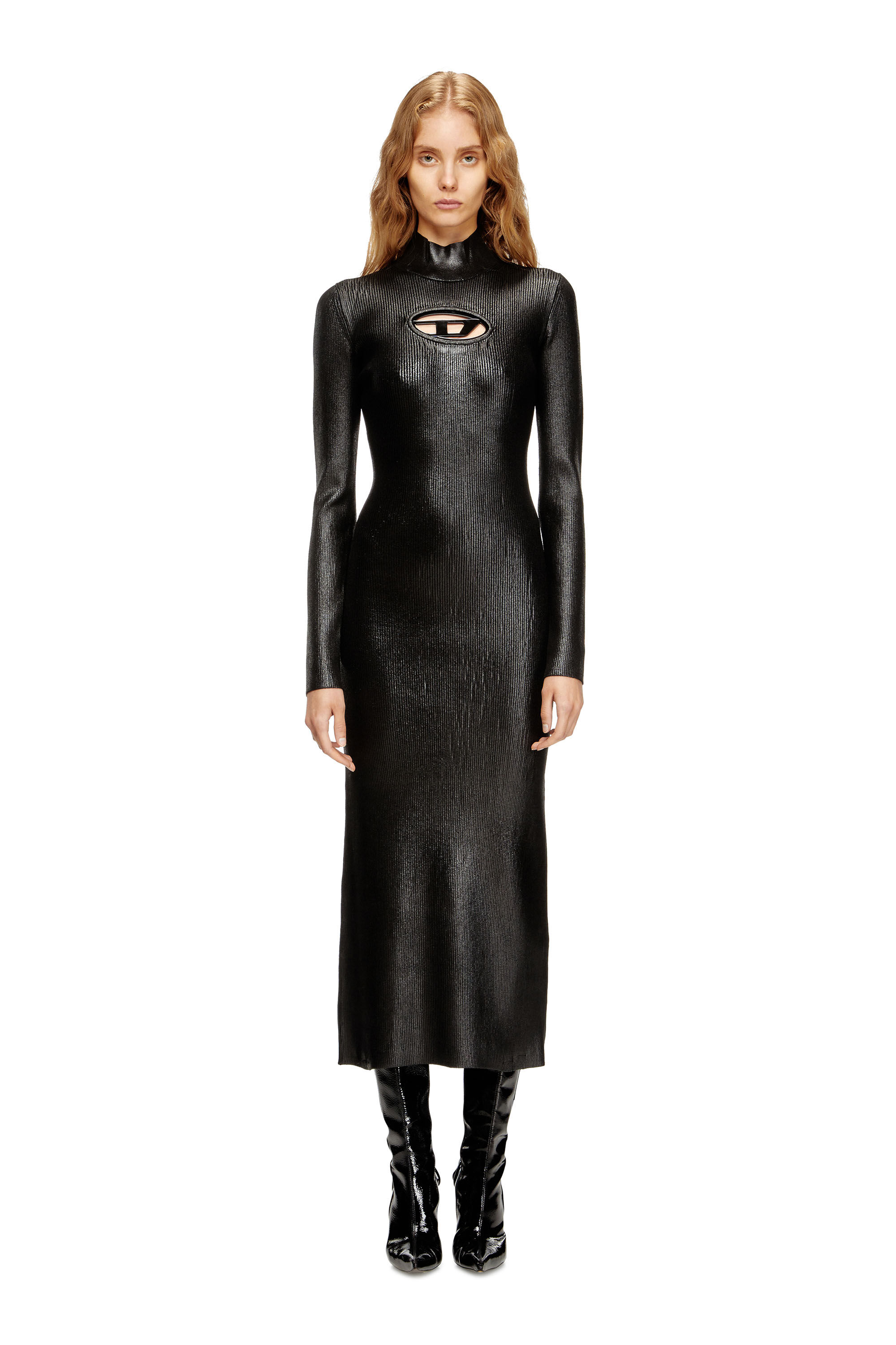 Diesel - M-ZARY-B, Vestido midi de cuello alto en tejido de punto brillante Mujer in Negro - 3