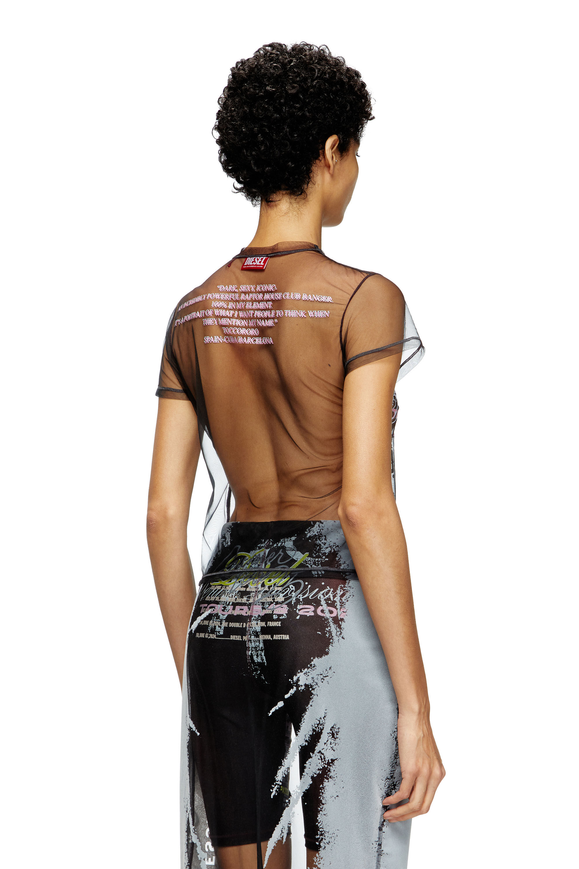 Diesel - T-YRAC, Top transparente con estampado de letras de canciones Mujer in Negro - 4