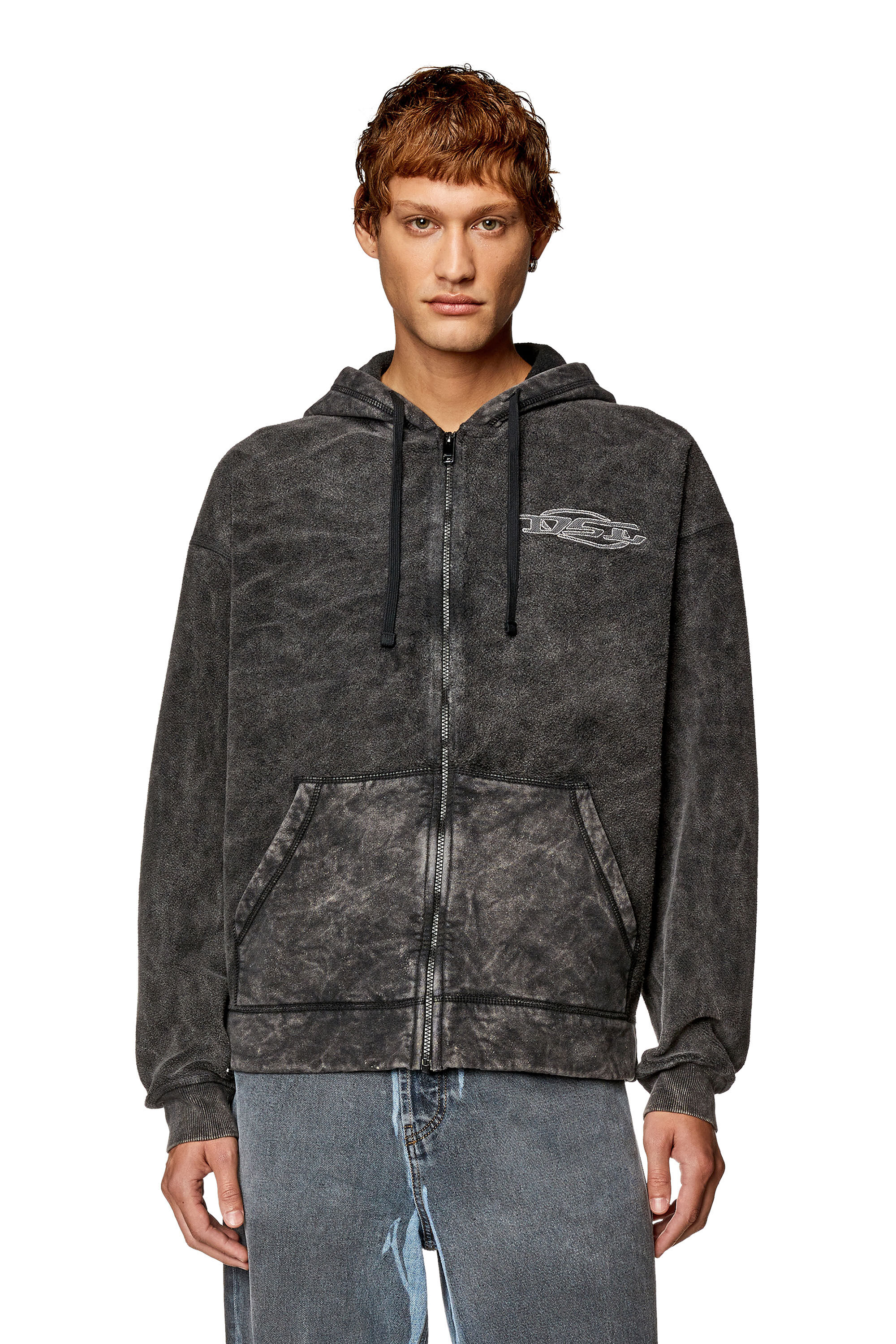 Men s Zip hoodie in marble washed looped fleece Black Diesel
