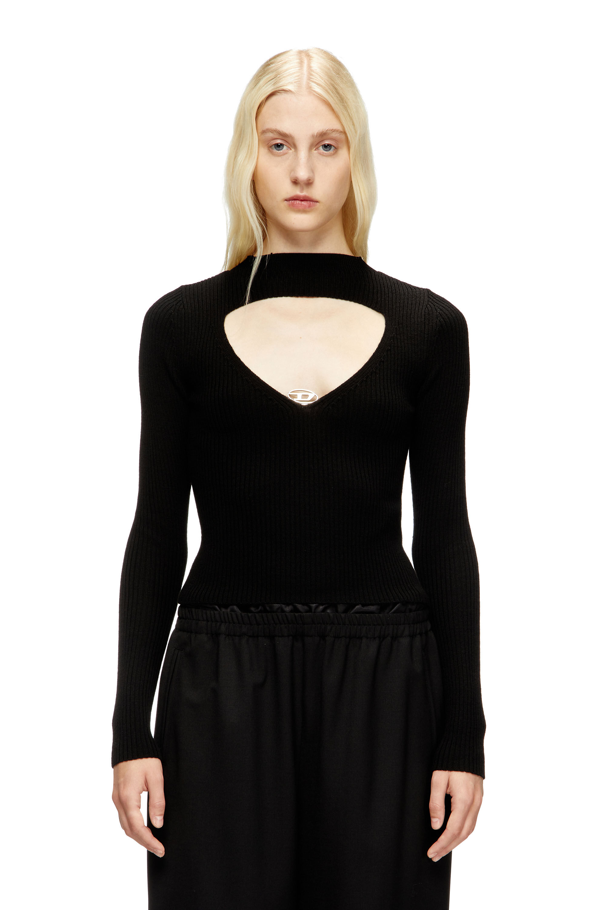 Diesel - M-OLINA, Jersey de lana de canalé con abertura Mujer in Negro - 3