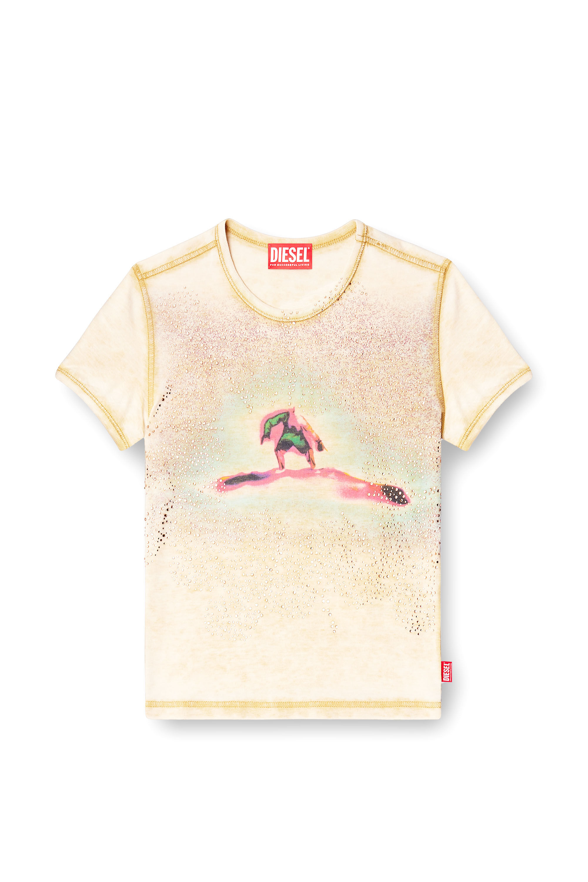 Diesel - T-UNCUTIES-LONG-S10, Camiseta ajustada con pedrería Mujer in Beige - 2