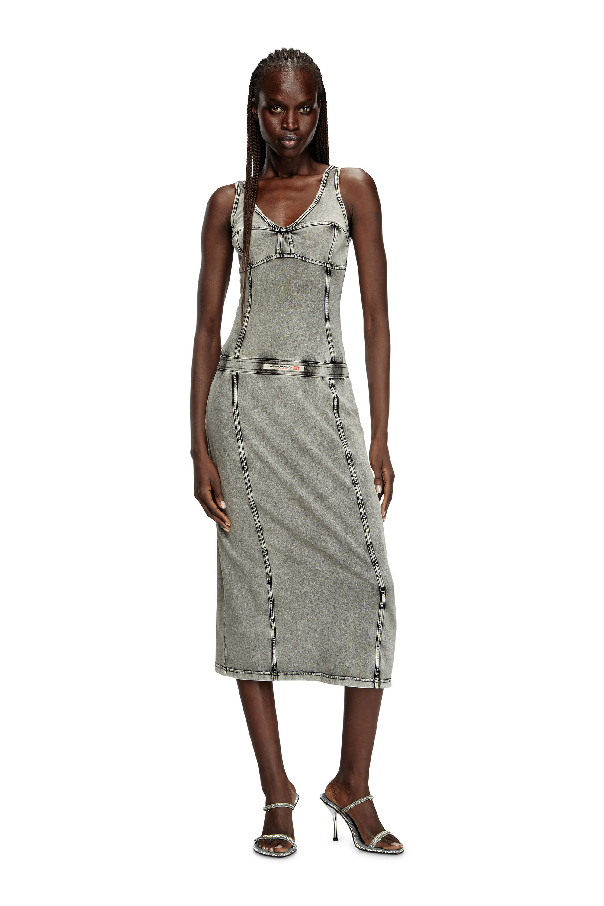 Diesel - D-INNY, Vestido midi sin mangas con efecto denim Mujer in Gris - 1