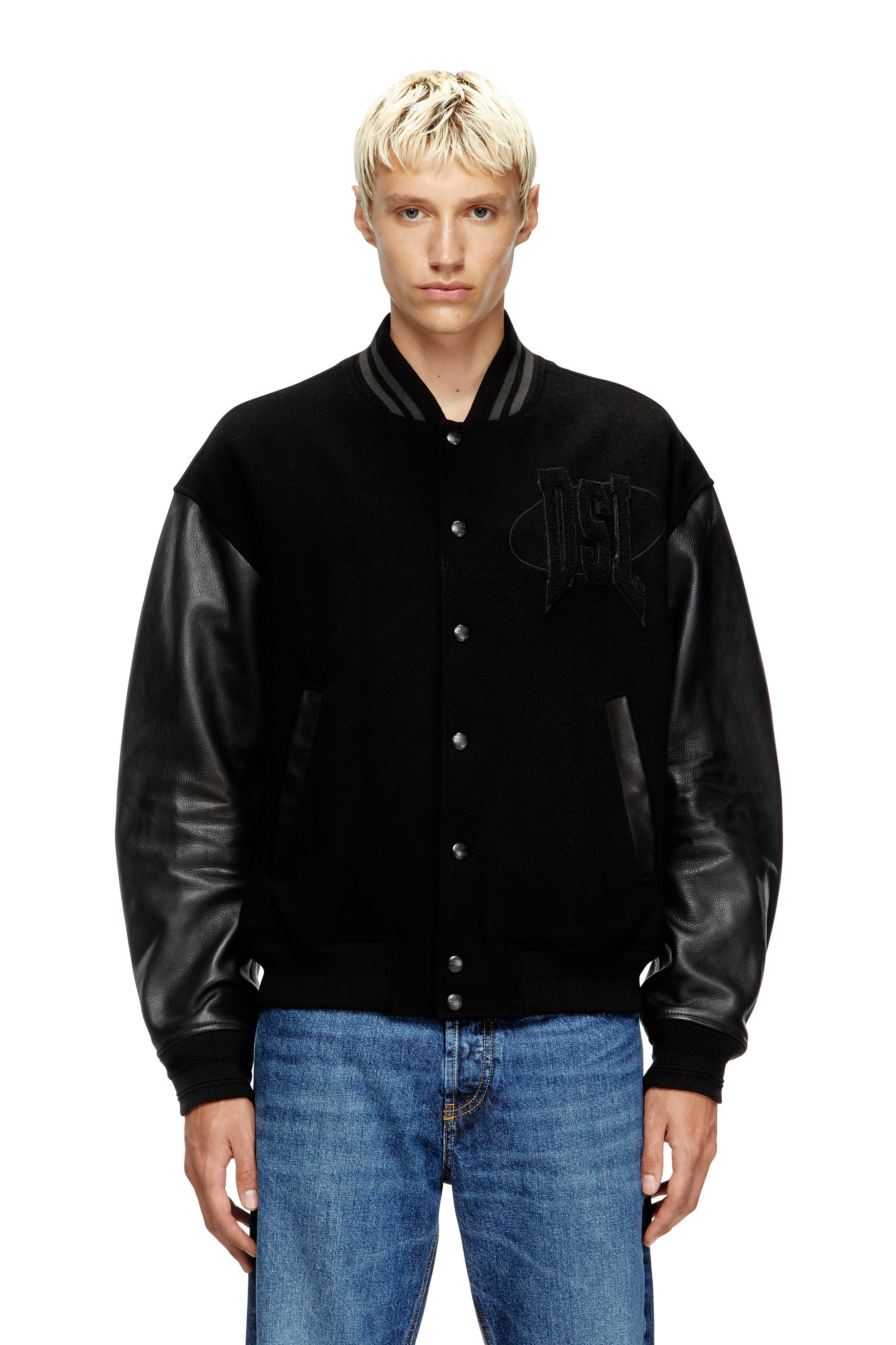 Diesel - L-NYMAN, Chaqueta bomber estilo universitario de algodón y cuero Hombre in Negro - 3