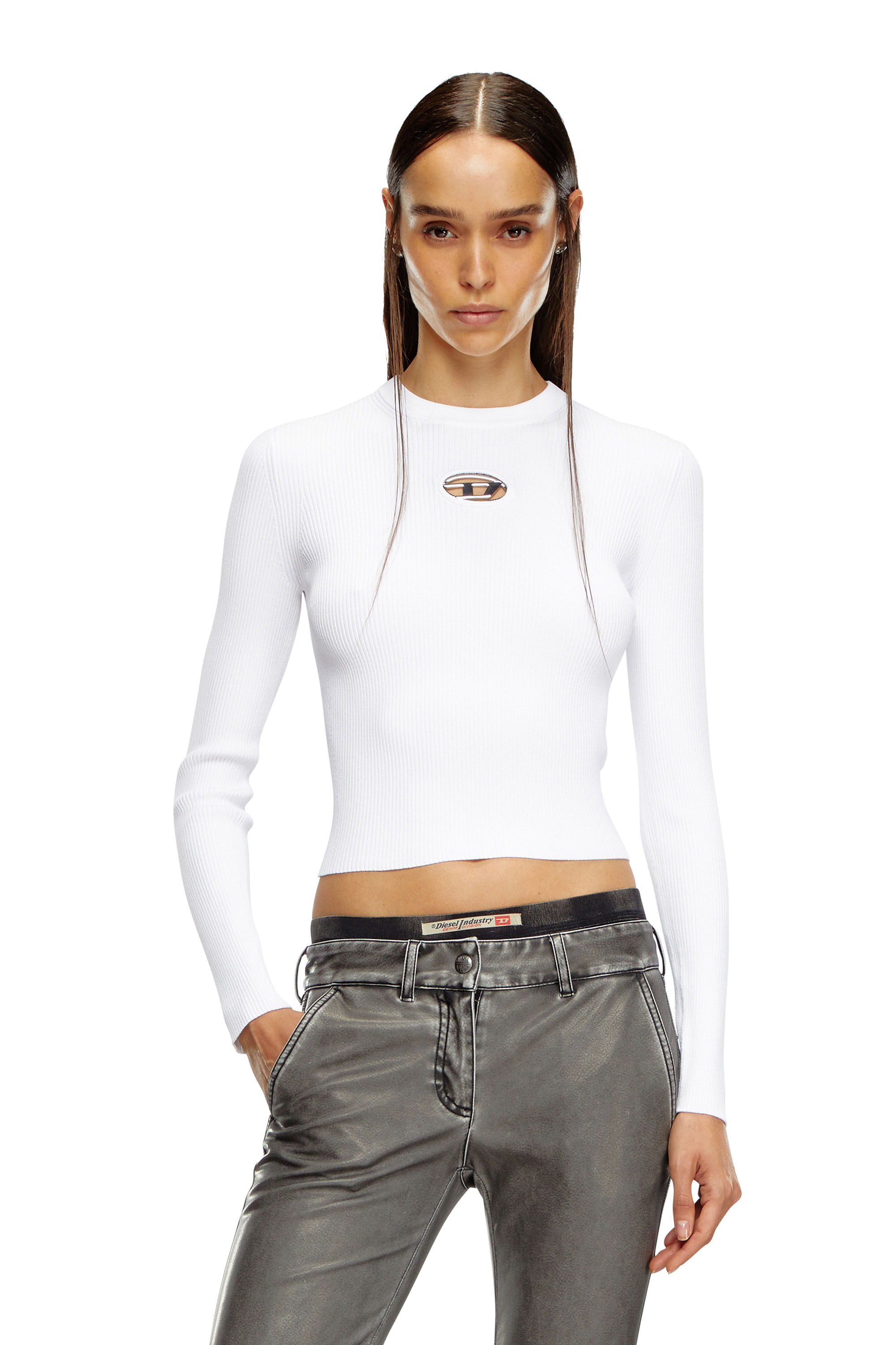 Diesel - M-VALARI, Top de mezcla de viscosa tejido en canalé con Oval D Mujer in Blanco - 3