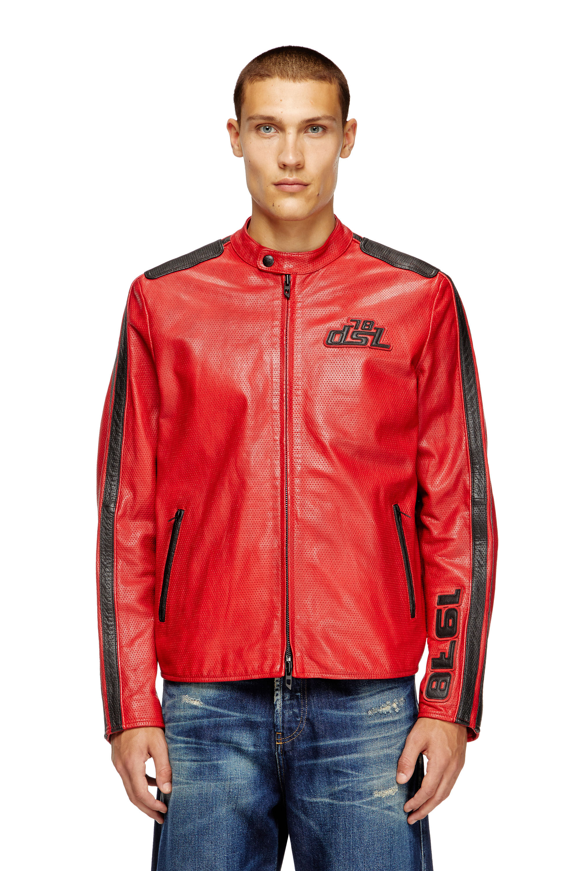 Diesel - L-POP, Chaqueta de motorista de cuero perforado Unisex in Rojo - 3