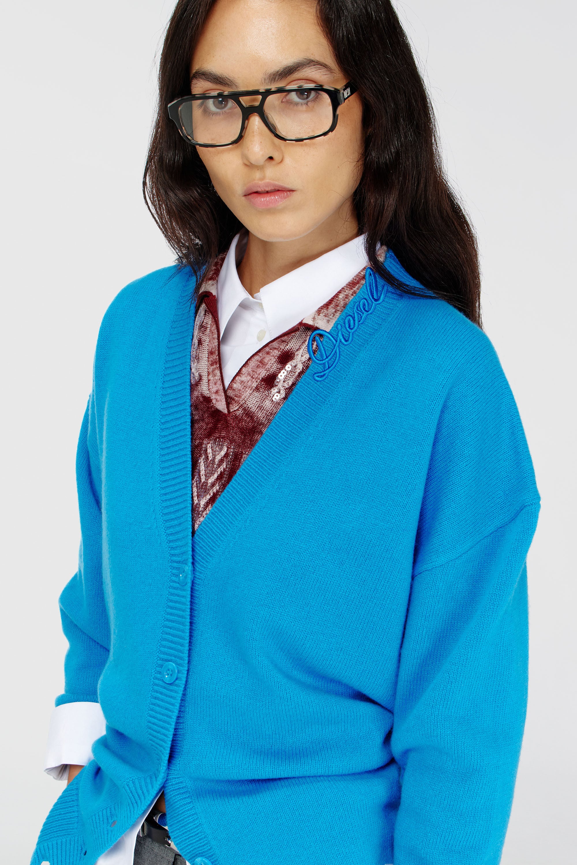 Diesel - M-IMIRA, C&aacute;rdigan de cuello pico de lana con logo en el cuello Mujer in Azul marino - 4