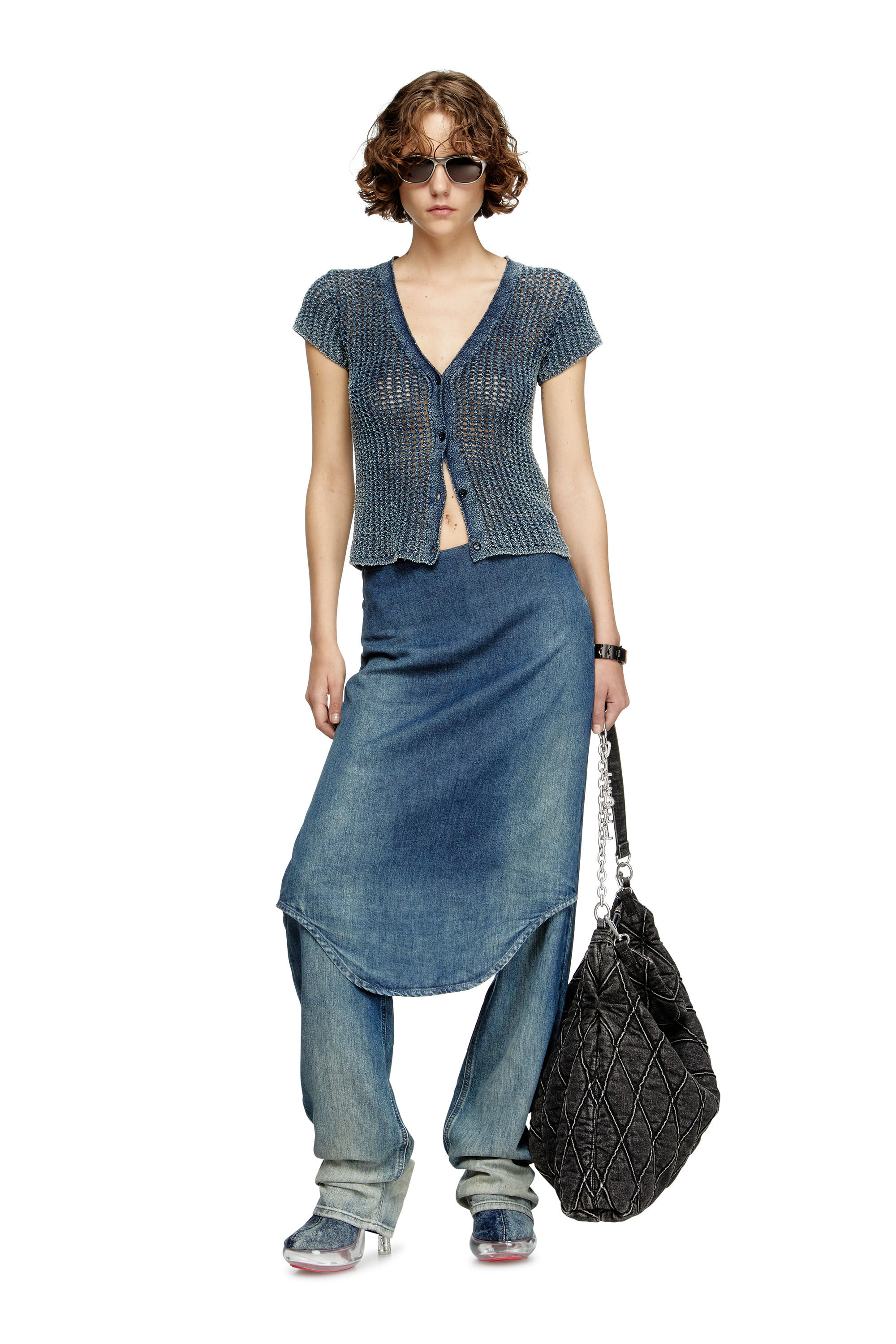 Diesel - M-REZ, Cárdigan de manga corta de punto de malla denim Mujer in Azul marino - 1