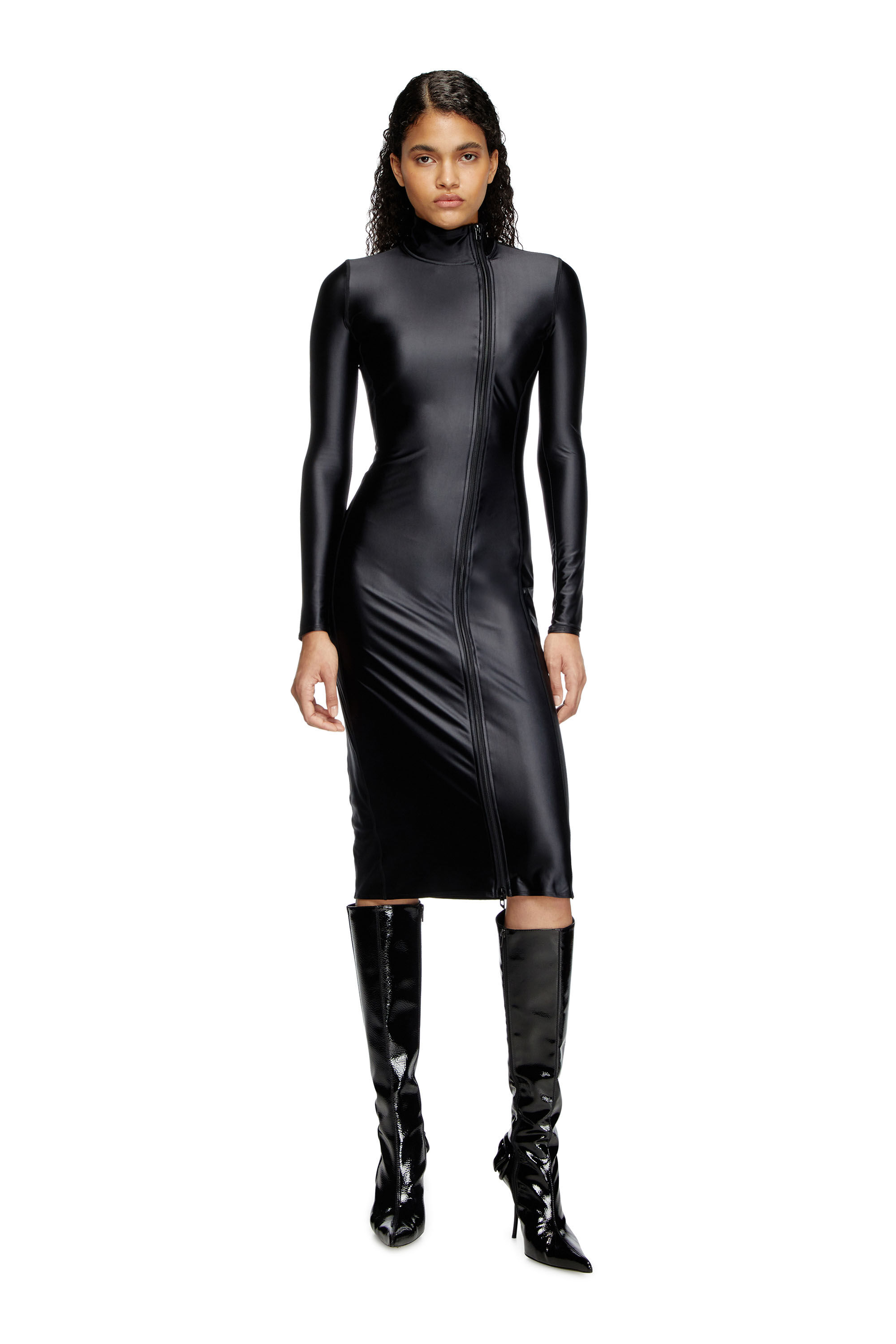 Diesel - D-SILVER, Vestido midi de manga larga con medio cuello vuelto y acabado chintz Mujer in Negro - 3
