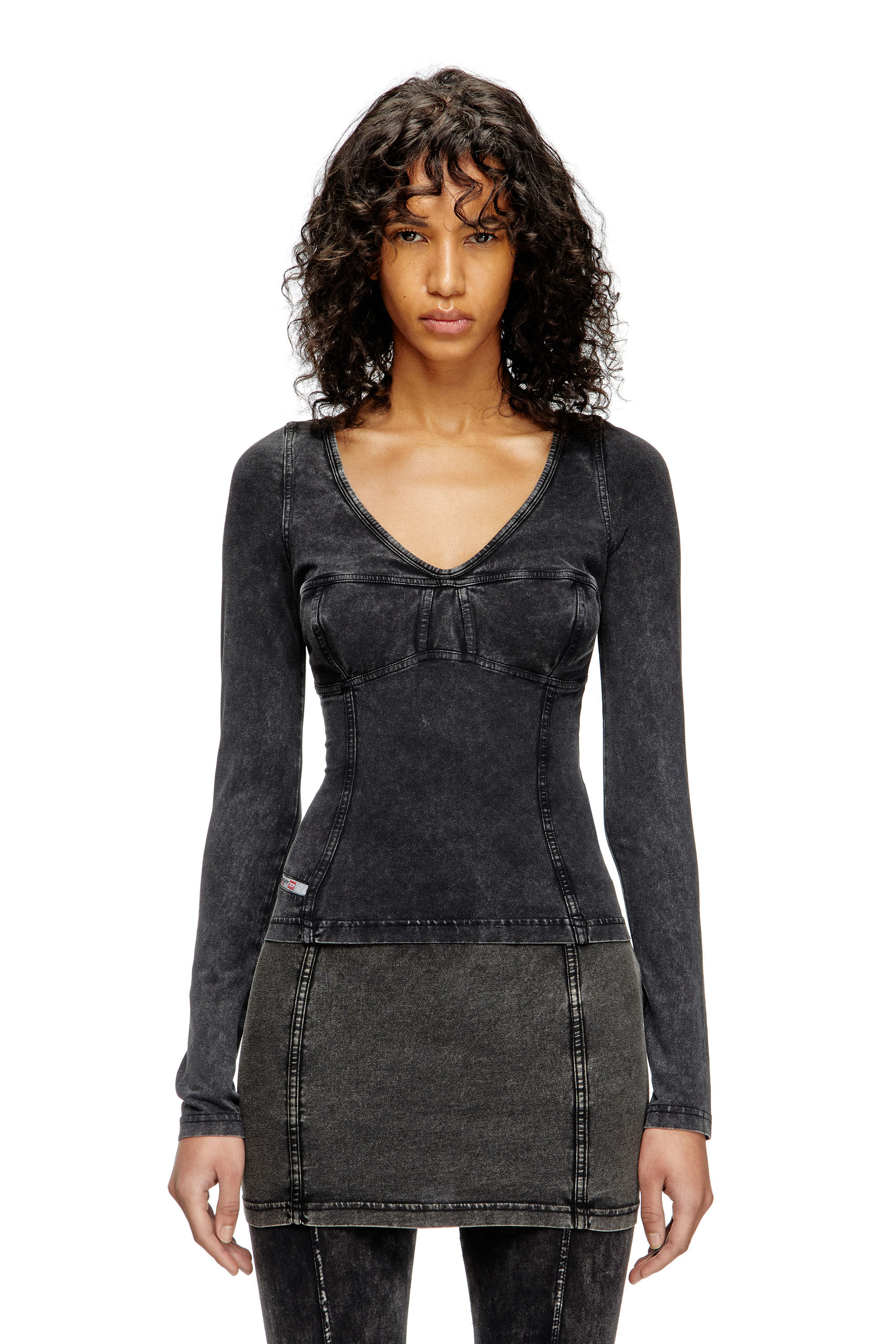 Diesel - T-ELIN, Camiseta de manga larga con efecto denim Mujer in Negro - 3