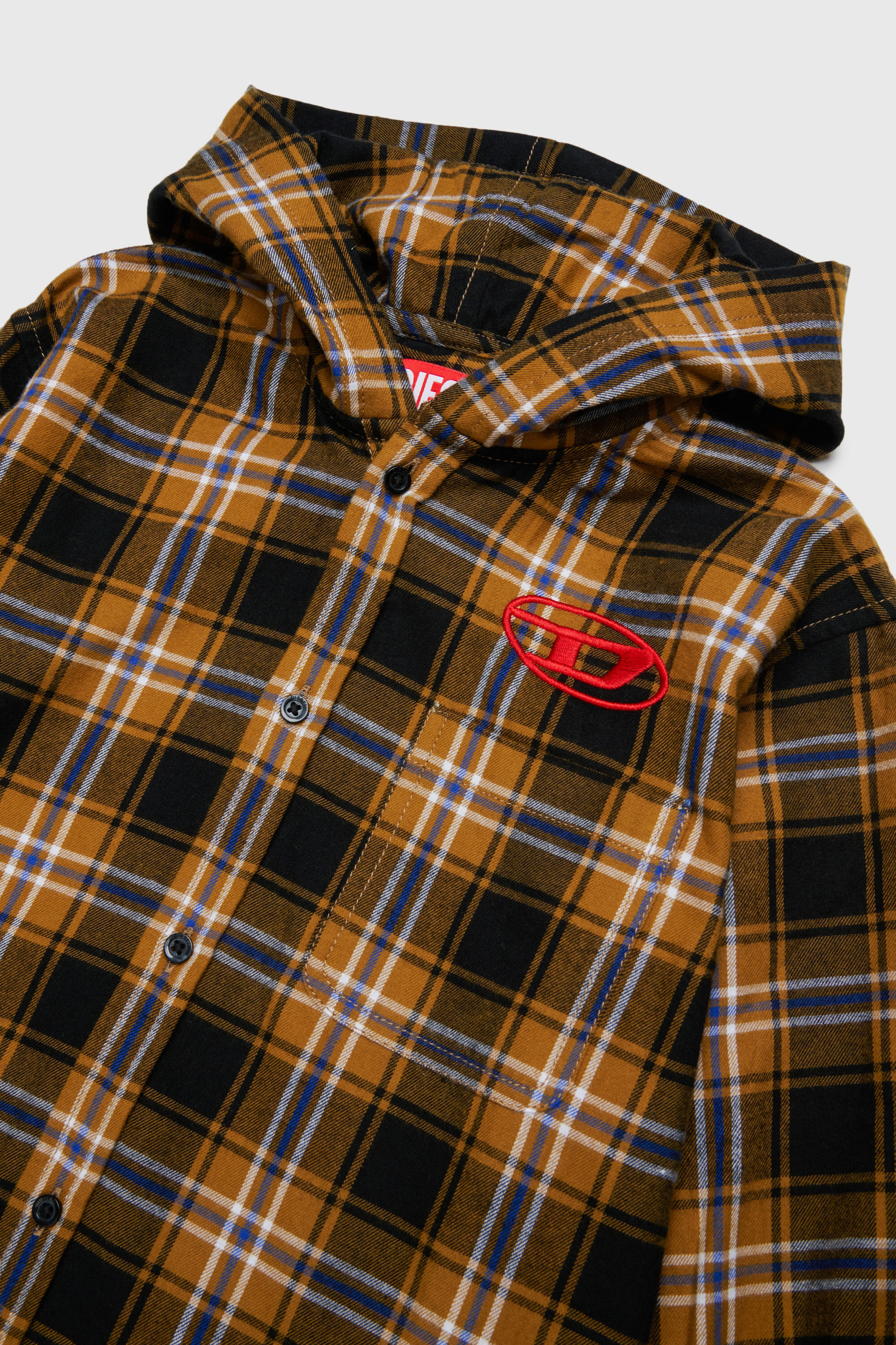 Diesel - CHECK OVER, Camisa de cuadros con capucha y Logo Oval D bordado Hombre in Marr&oacute;n - 3