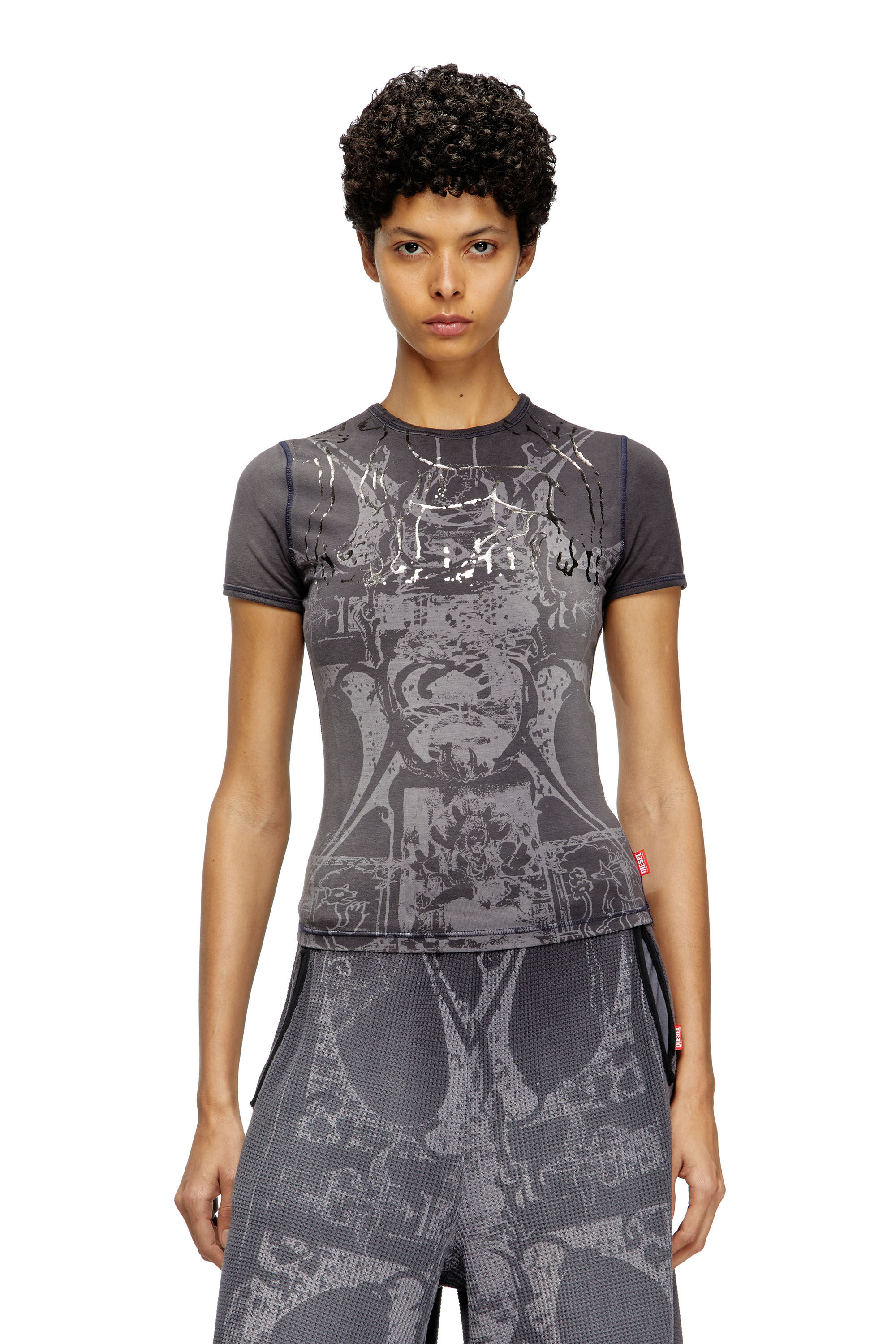 Diesel - T-UNCUTIES-LONG-R6, Camiseta con estampado de lámina Mujer in Negro - 3