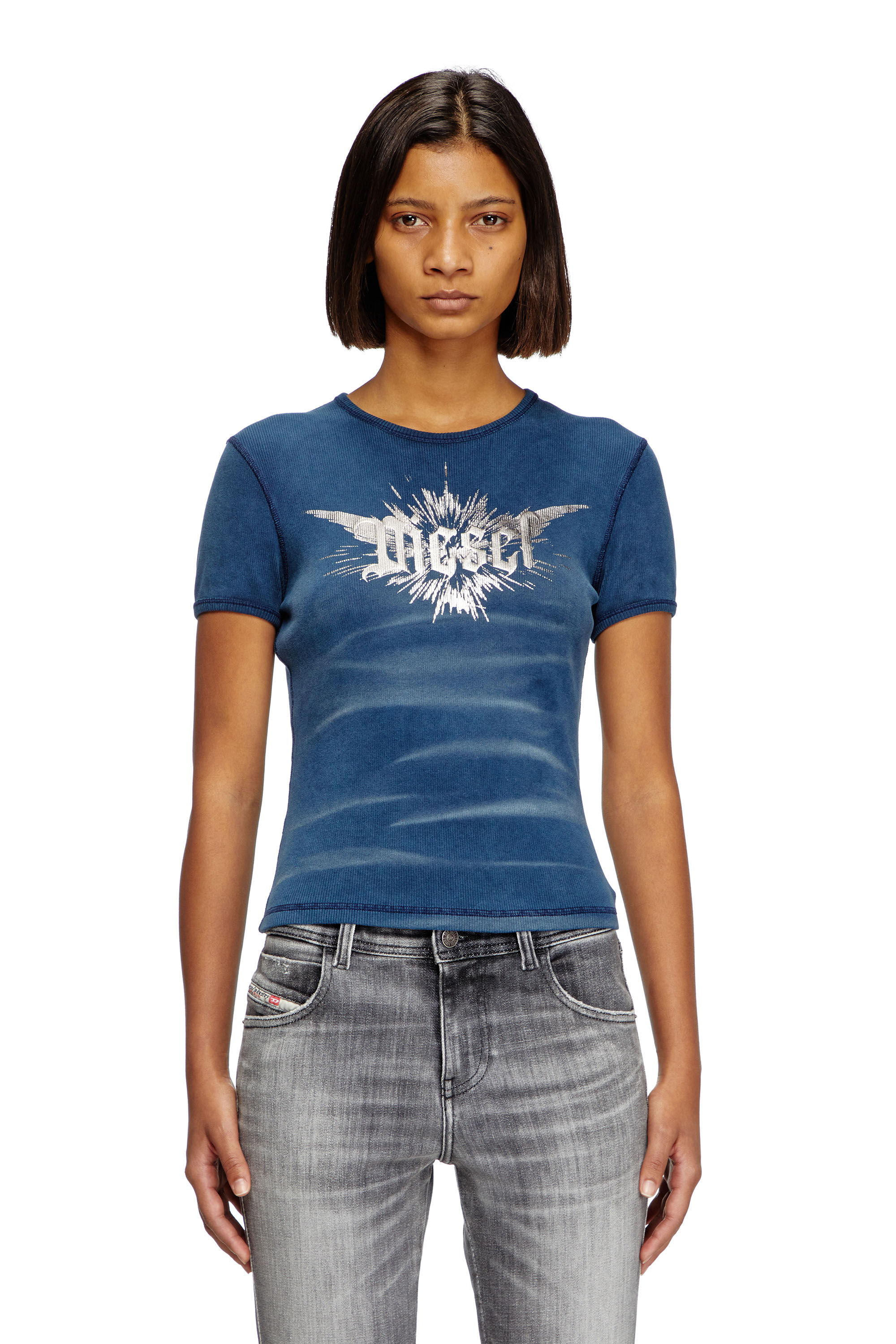 Diesel - T-ELE-LONG-P2, Camiseta con estampado de lámina de Diesel alada Mujer in Azul marino - 3
