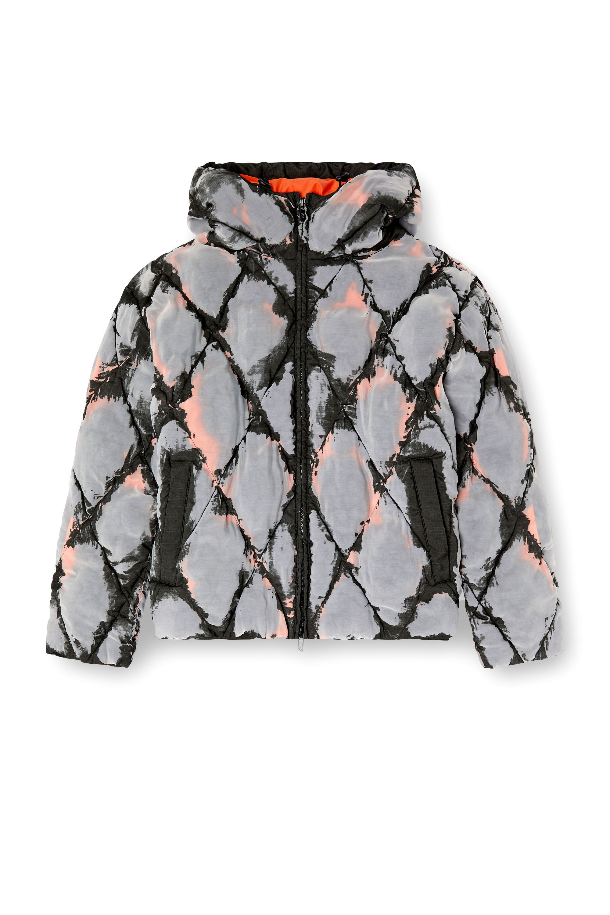 Diesel - W-DOM, Chaqueta puffer con capucha y diseño argyle en devoré Hombre in Multicolor - 2